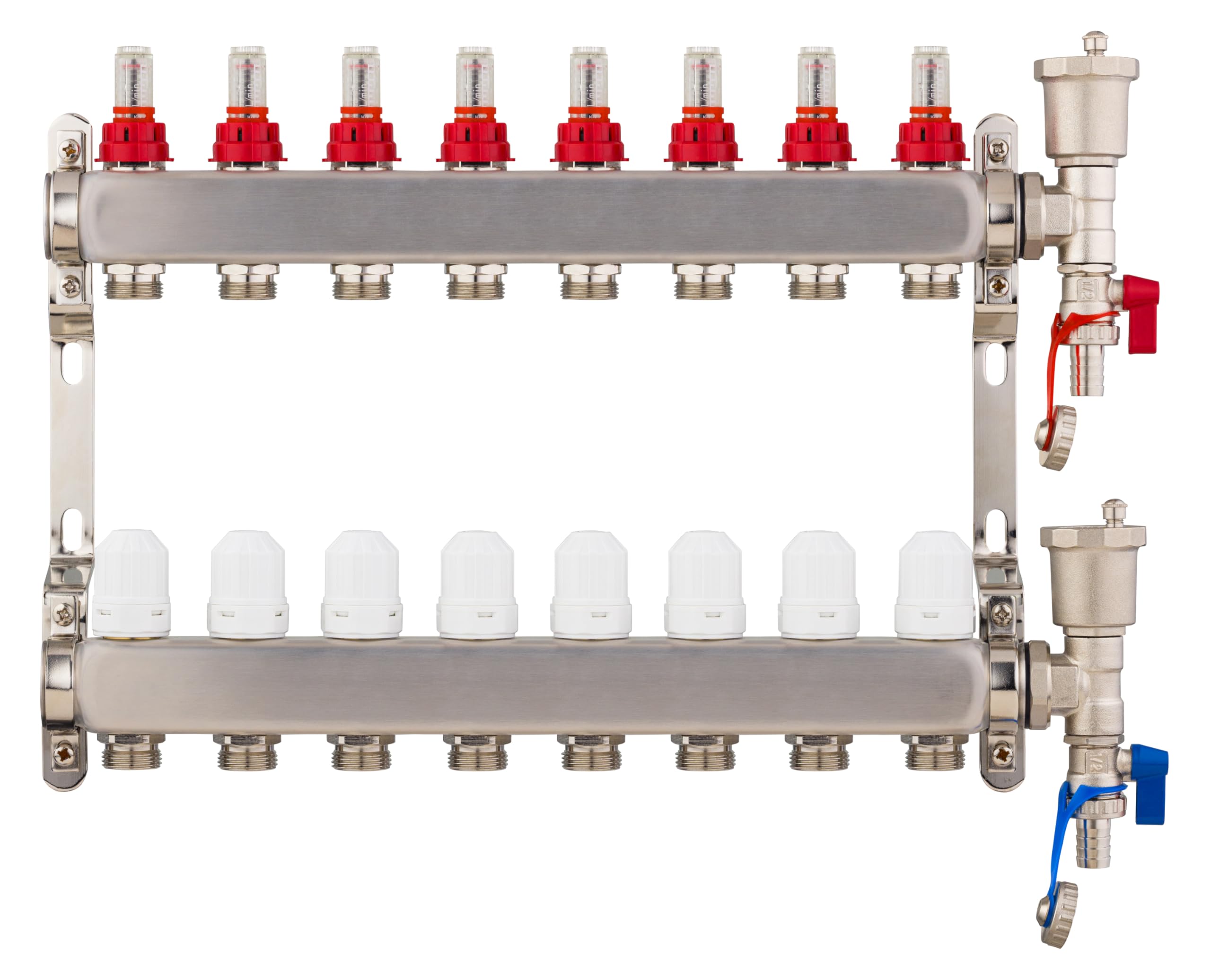 Collecteur plancher chauffant en inox 8 circuits avec débitmètres – Entraxe 50 mm – Alimentations femelle 1" (26x34) – Sorties mâle 3/4 (20x27) Eurocône – Acier inoxydable – NOYON & THIEBAULT