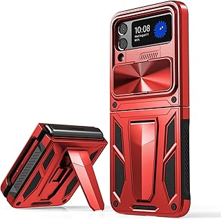CASESTAR Military Armor Series Case for Samsung Galaxy Z Flip 3ï¼ŒBuild-in Kickstand & Camera Protection Sliding Cover - (Metallic Red)