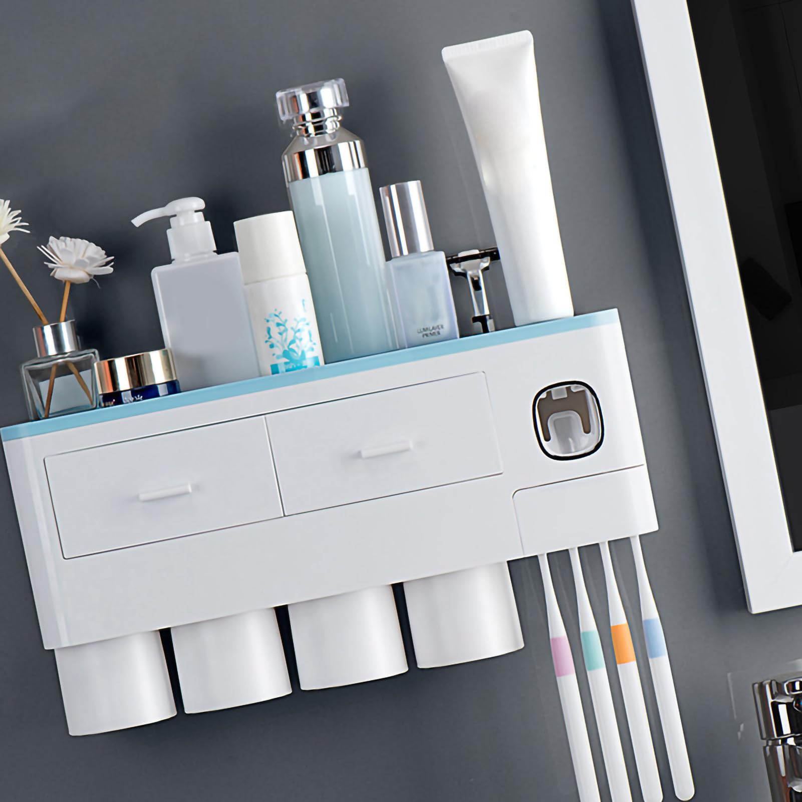 EMUKOEP Dispenser Multifunzionale per Dentifricio con Portaspazzolino Ad Adsorbimento Magnetico Invertito per L'igiene Familiare (4 tazze blu)