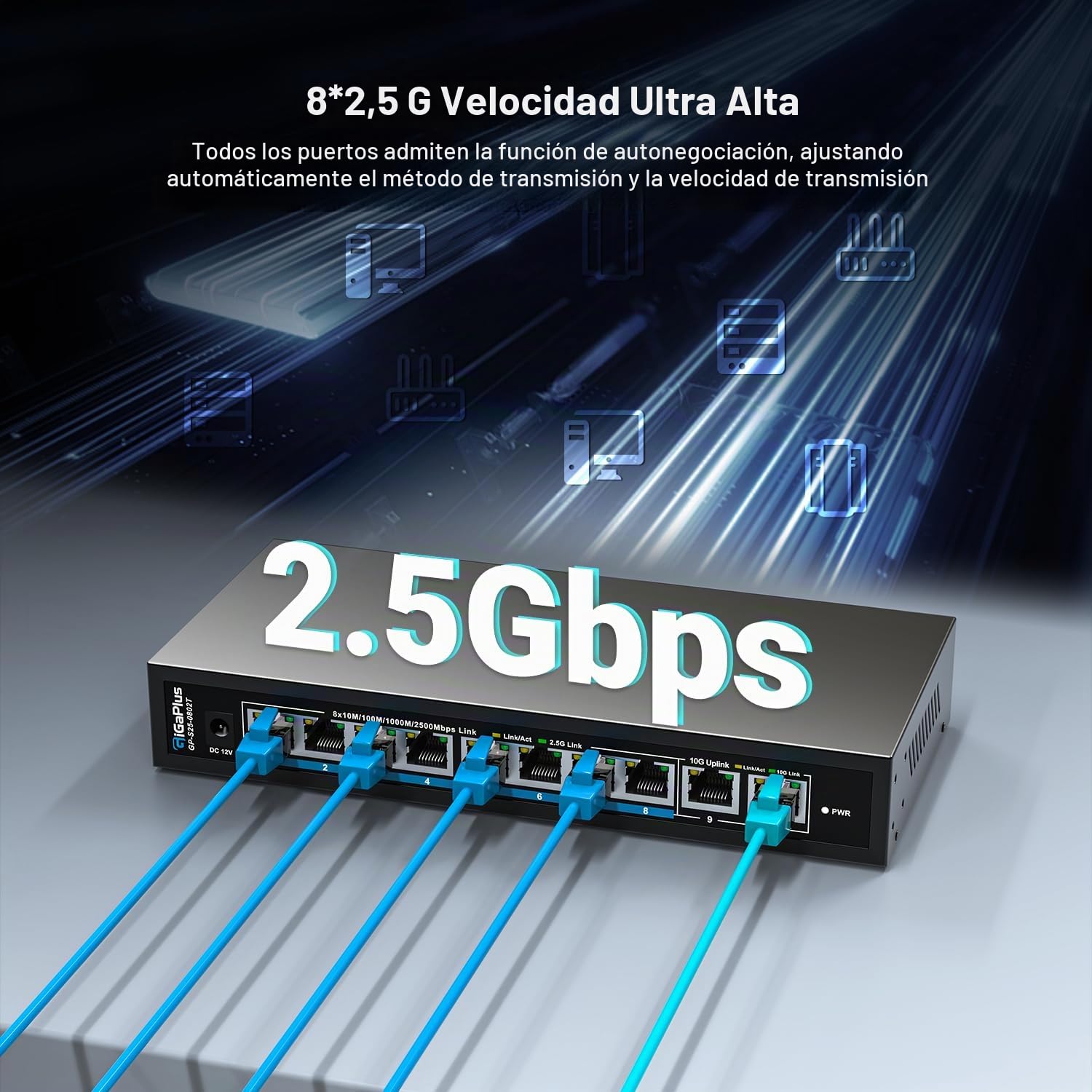 Conmutador Ethernet no administrado de 10 puertos y 10G con 8 puertos 2.5G Base-T y 2 puertos RJ45 10G. Capacidad de conmutación de 80 Gbps. Conmutador de red GiGaPlus de 10Gb para NAS/PC de 2.5G/10Gb