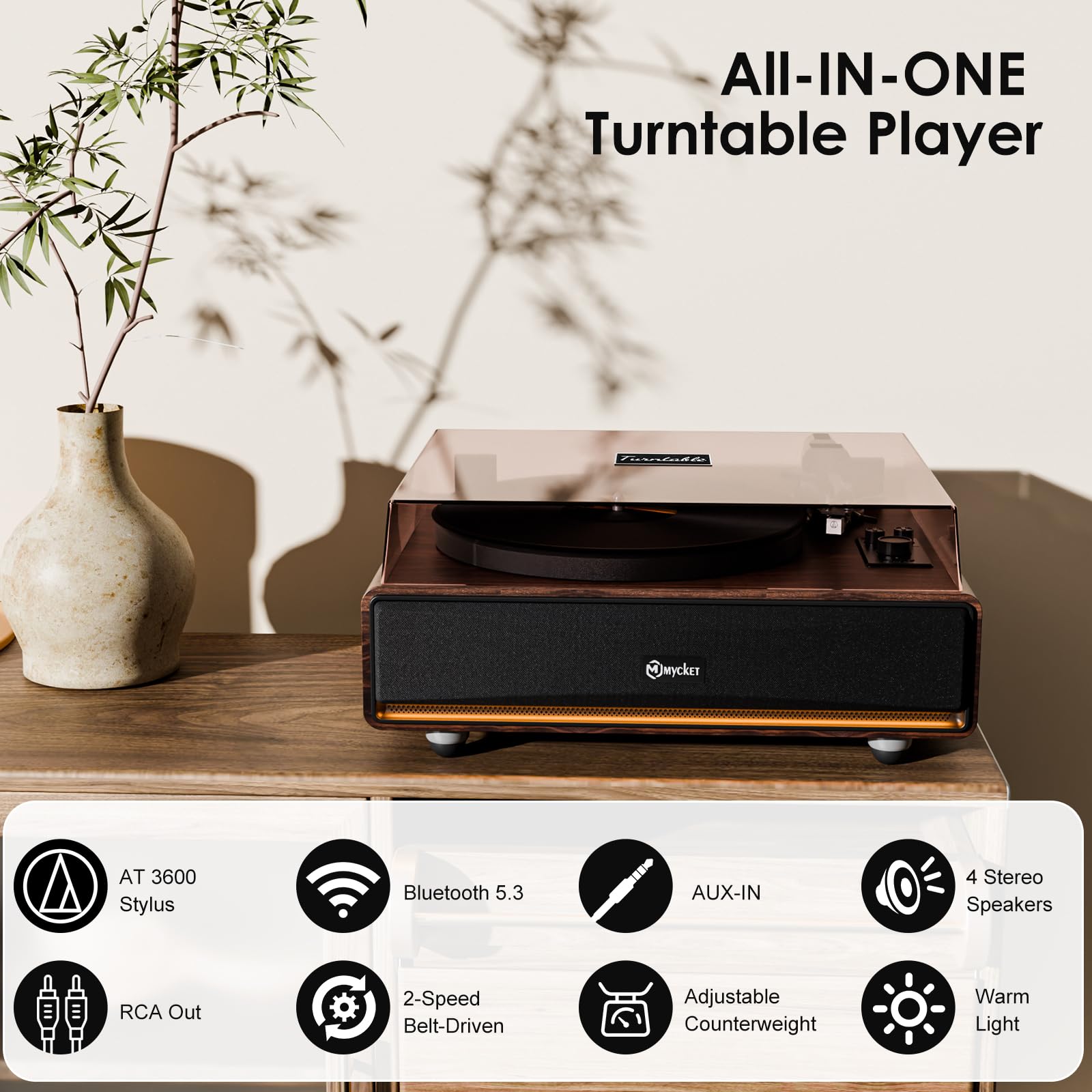 Mycket Tourne-disque vinyle, platine Bluetooth avec haut-parleurs intégrés, préampli phono, lumière chaude