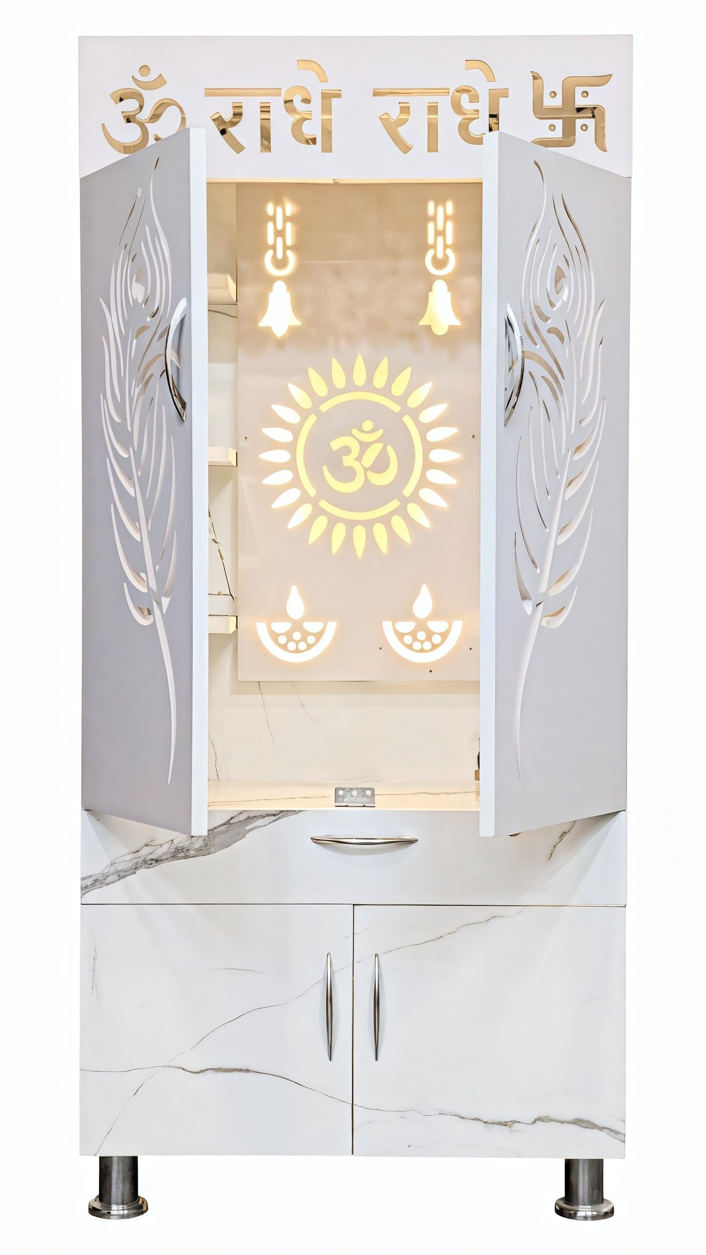 SHLOK Wooden Temple for Home with Inbuilt LED Light System Engineered Wood Home Temple (Height: 130, Pre-Assembled)