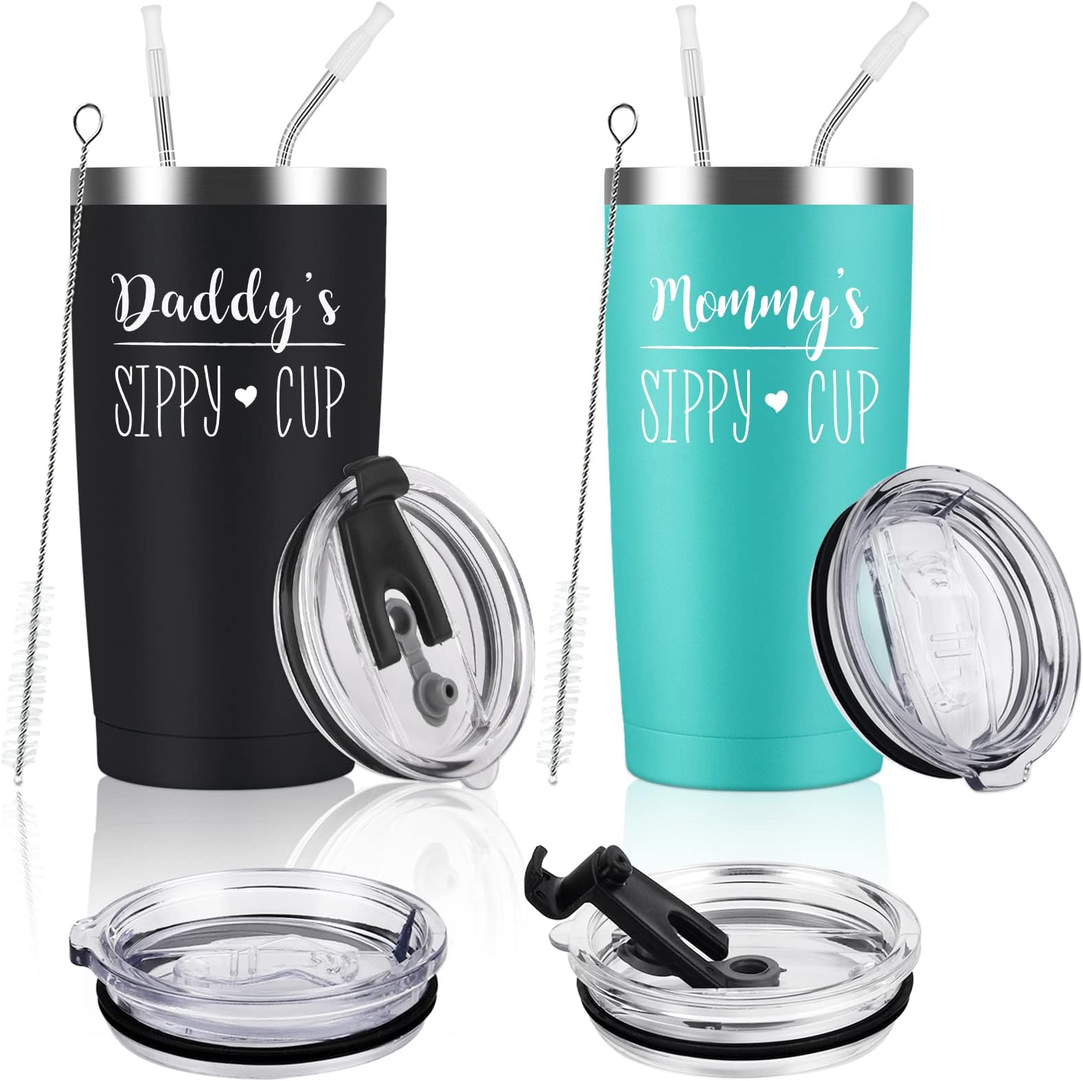 GtmileoDaddys and Mommys Sippy Cup Stainless Steel Insulated Travel Tumbler Set, Mothers Day Fathers Day Christams Birthday Gifts for Dad Mom New Parents Papa Mama Anniversary(20oz, Black&Mint)