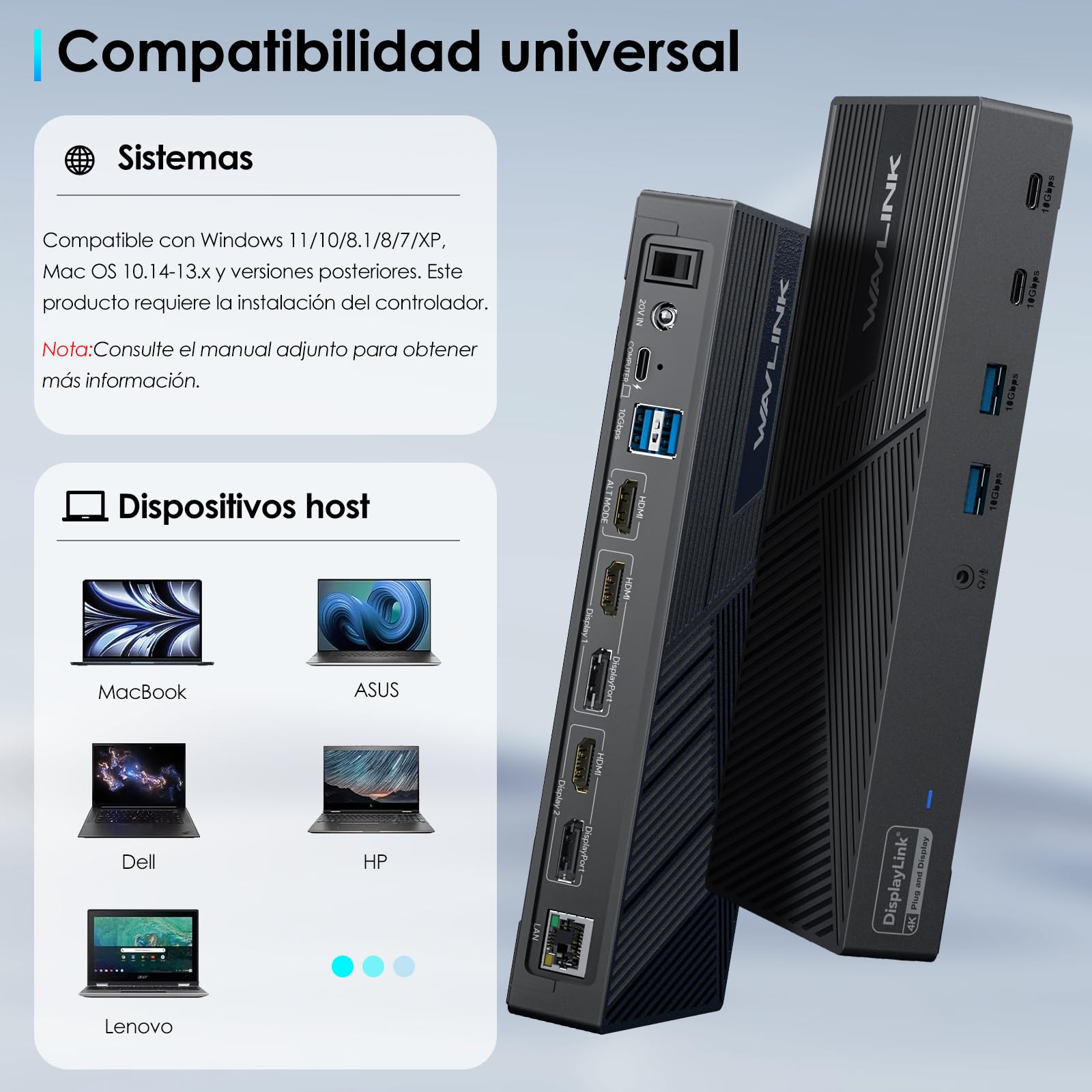 WAVLINK Estación de Acoplamiento Displaylink USB C Universal Docking Station con 3 × HDMI, 2X DP, 100 W PD, Gigabit Ethernet, 6 × 10Gbps USB-A & C, Audio, micrófono, Compatible con Mac OS y Windows