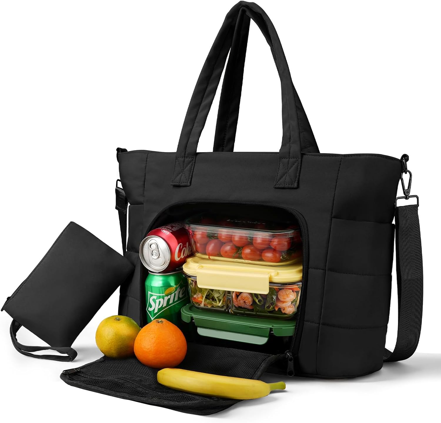 Dadanism Lunch Tote Bag for Women, 15.6 Inch Puffy Laptop Bag with Insulated Lunch Compartment, Quilted Large Capacity Computer Handbag with Purse for Business, Work, Office, Collage, Casual, Black