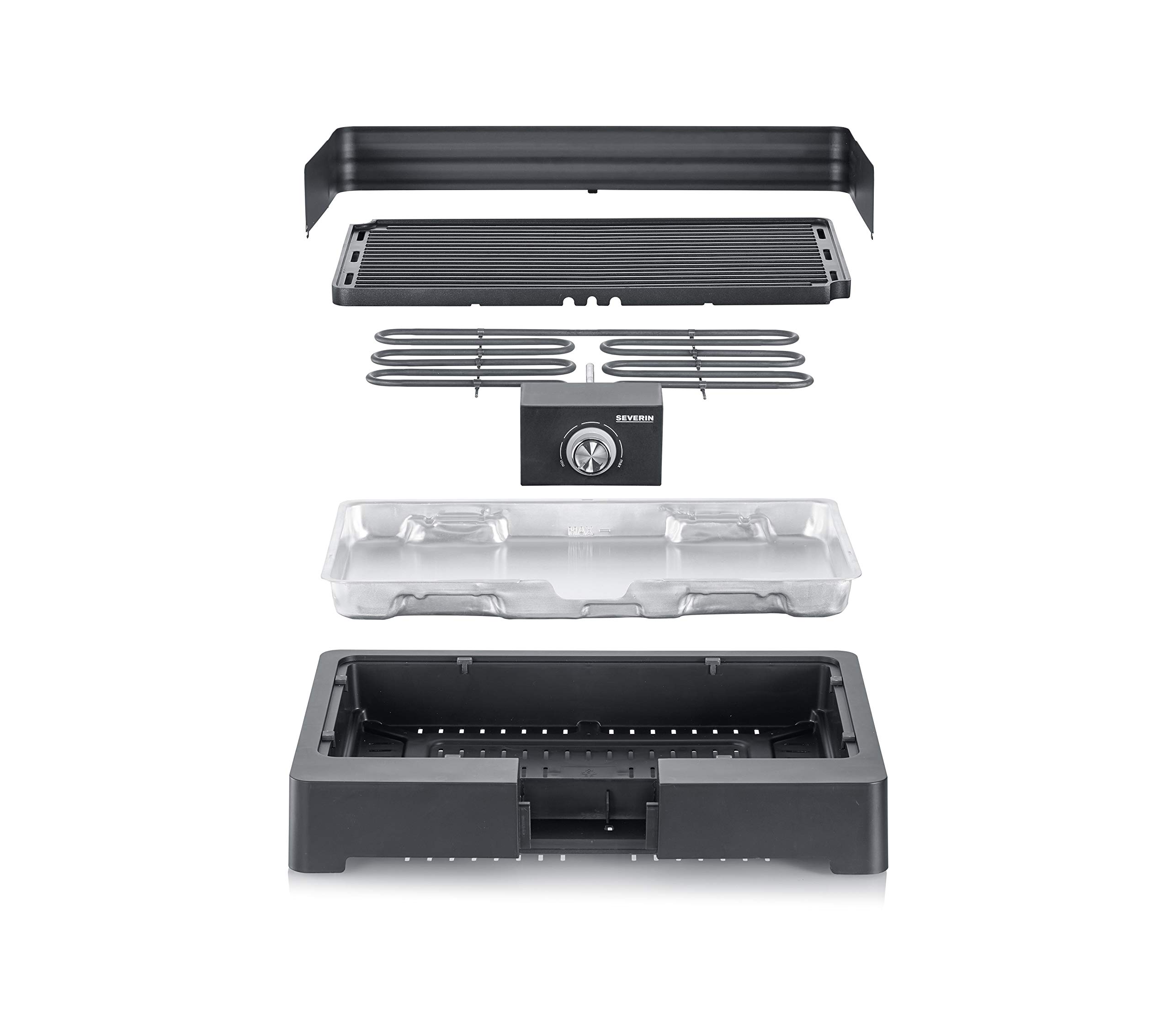 Severin Barbacoa de mesa con placa de grill acanalada para interior y exterior, barbacoa eléctrica con arranque rápido, mini barbacoa sin riesgo de quemaduras, negro, PG 8567