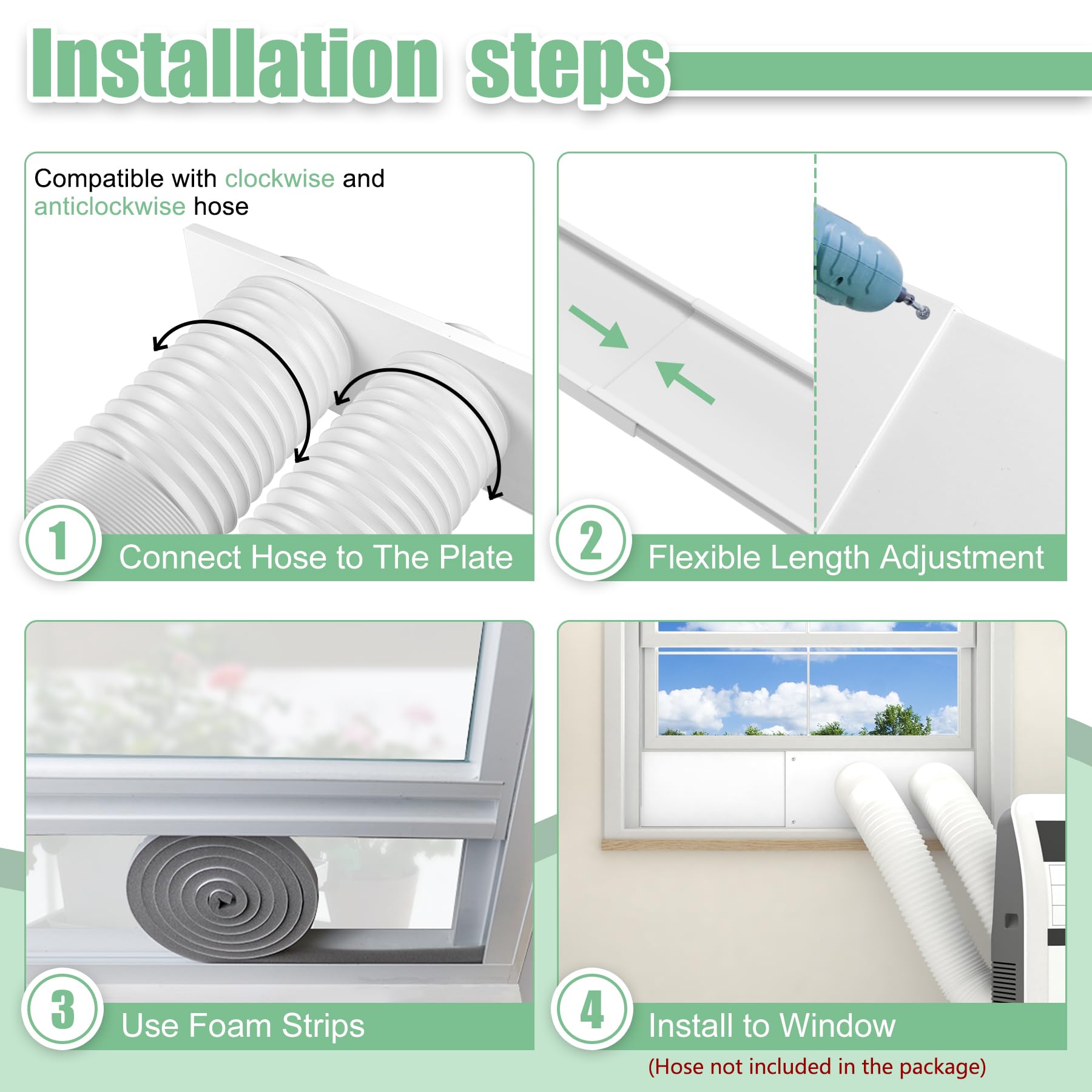 Kit de sellado de ventana de aire acondicionado portátil de doble manguera, kit de ventilación de ventana ajustable de 5.9 pulgadas de diámetro con tira de sellado de espuma para ventanas