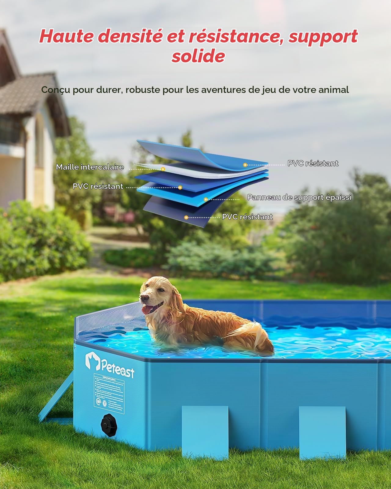 Peteast Piscine pliable pour chien, avec design rond robuste, durable, 183 cm x 39 cm x 12 cm, portable, extra large, avec parois latérales renforcées pour la stabilité, idéale pour l'intérieur et