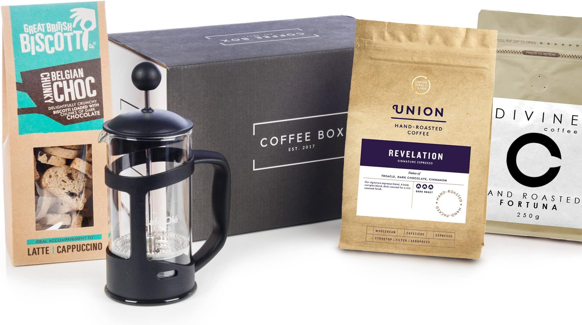 Coffee Gift Set - 2X Ground Coffees, Biscotti & Cafetiere