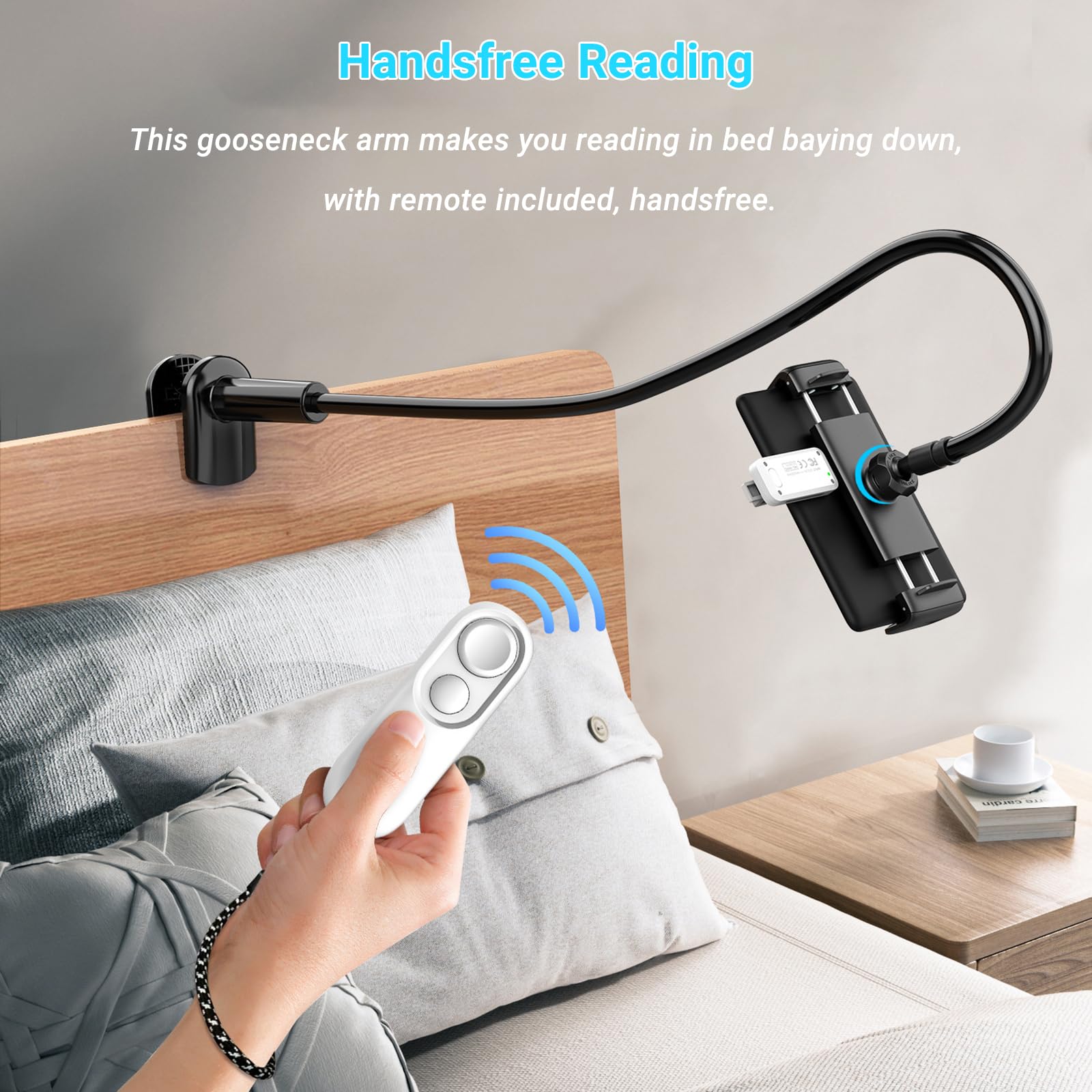 Soporte para Kindle con Pasapáginas Remoto, Flexible Brazo de Cuello de Cisne para Cama y Accesorio de Lectura Manos Libres para Kindle Paperwhite/Oasis/Kobo, iPad, Tablets, 4.7-10.35 Pulgadas