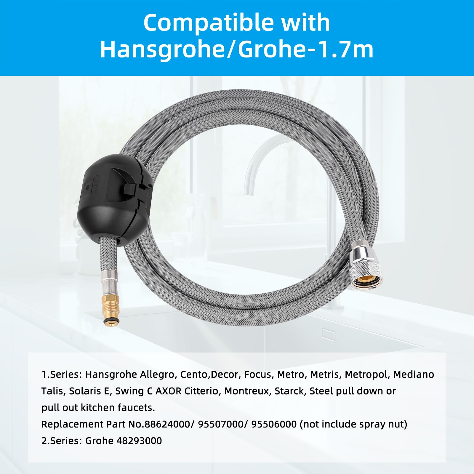 Hibbent Wymienny wąż do kranu wymiennego kompatybilny z bateriami kuchennymi Hansgrohe/Grohe z 6 adapterami, standardowy 88624000/46174000/46092000 wąż zamienny 59", w zestawie