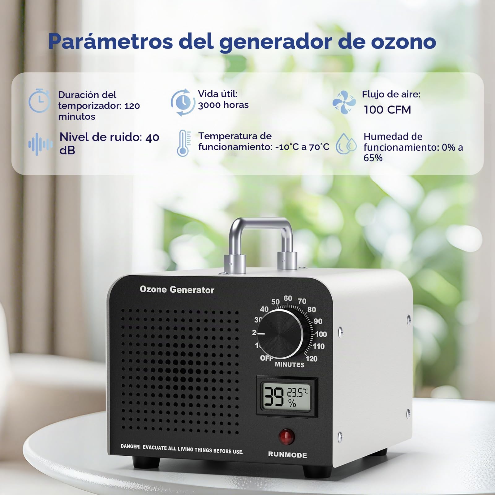Generador de Ozono 60000 mg/h, Purificador de Aire, con Pantalla de Temperatura y Humedad, Temporizador de 120 Minutos para Espacio de 320㎡ para Hogar, Coche, Oficina, Garaje