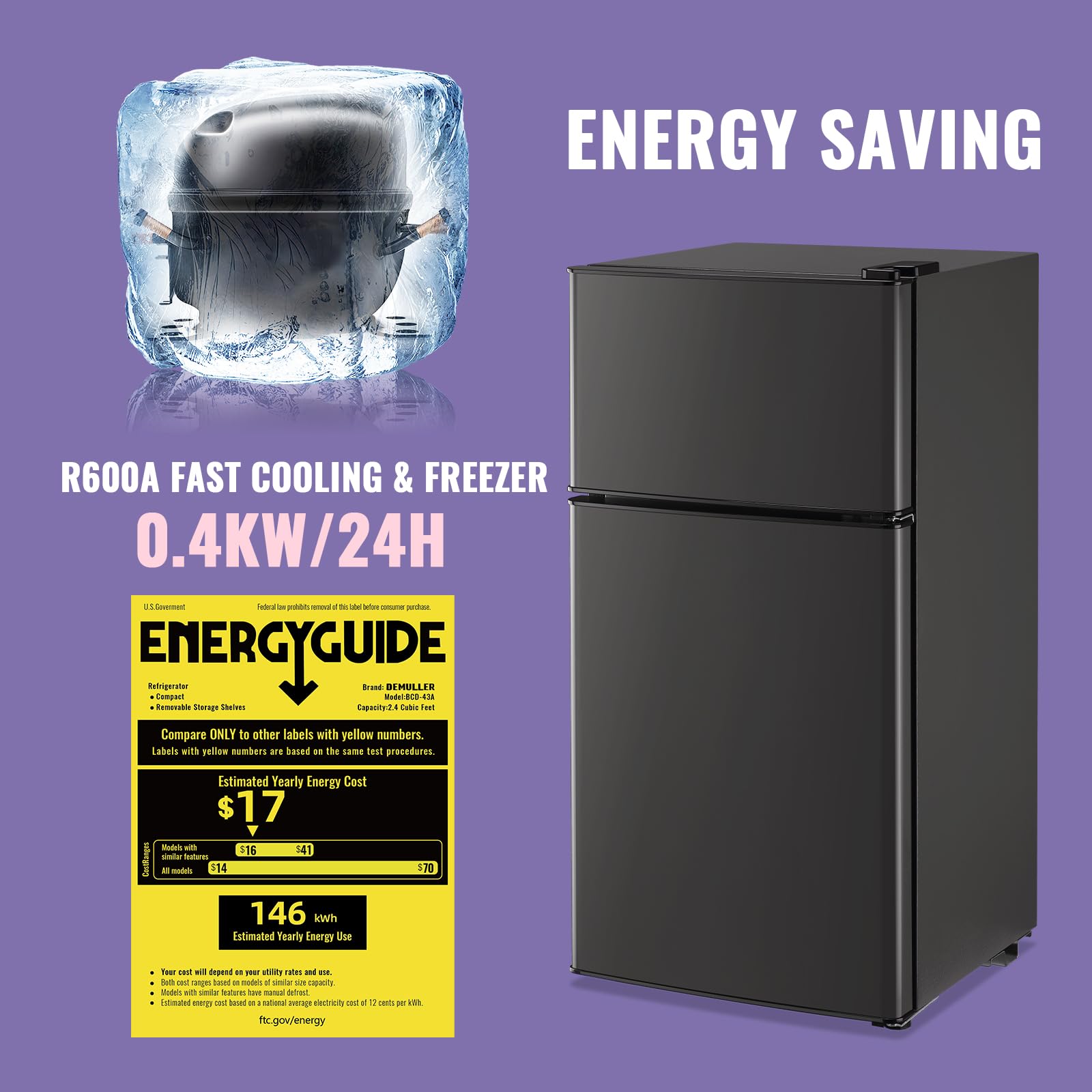 Demuller 2.4 Cu.Ft Small Refrigerator With Freezer Dorm Mini Fridge With Removable Plastic Shelves Mini Refrigerator Ideal For Home, Office,Dormitory Gray on Fridge.com - View 3