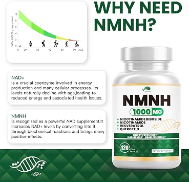 NMNH(Dihydronicotinamide Mononucleotide),NMNH Supplement 1000mg Pure Nicotinamide Mononucleotide,NAD High Purity Supplement Alternative,for Energy,Focus,Non-GMO, Gluten Free,120 Capsules(Pack of 2)