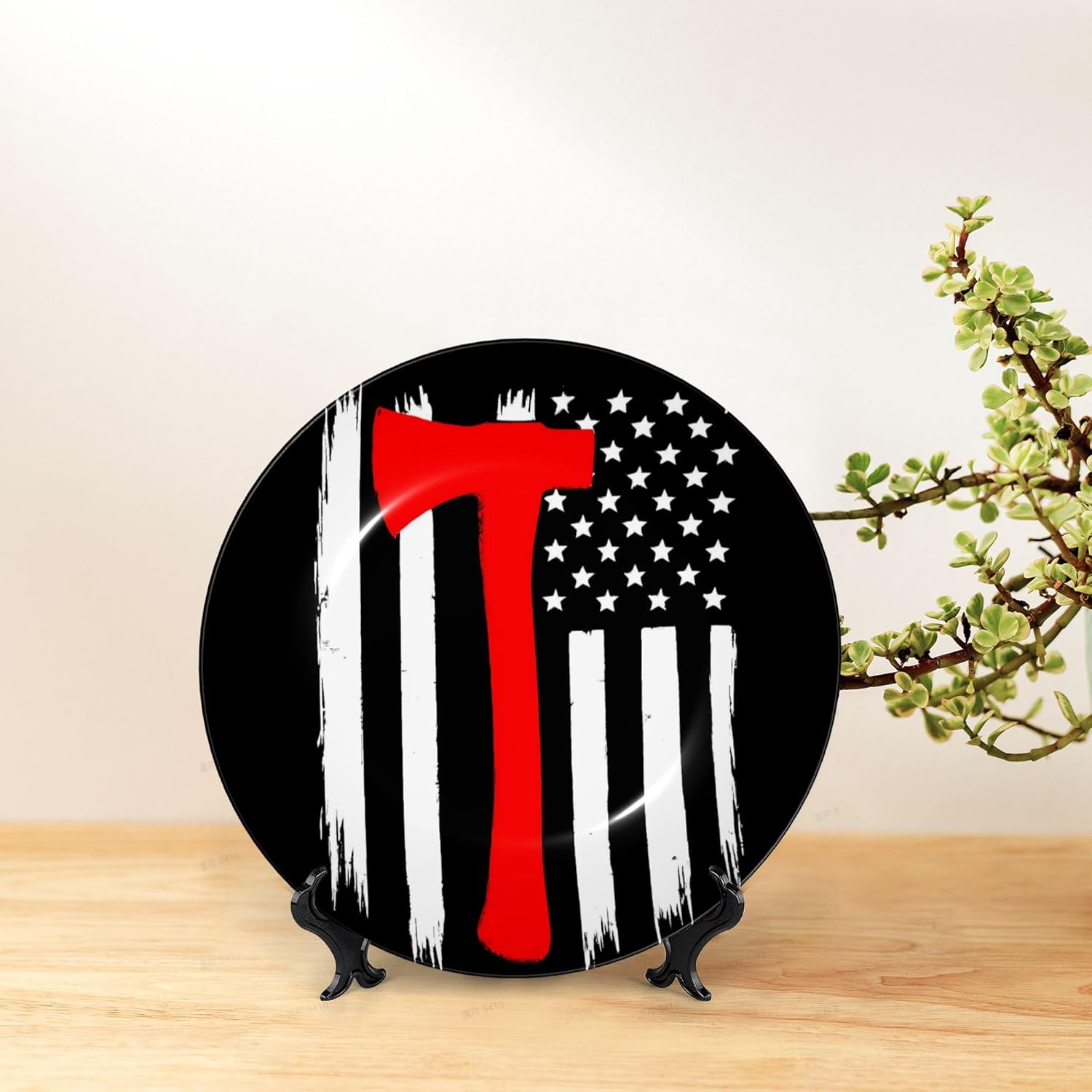 Decorative Plate Ceramic Plate for Wall Hanging 10in Accent Plate for Office Living Room Hallway Table Decor - Firefighters USA Flag