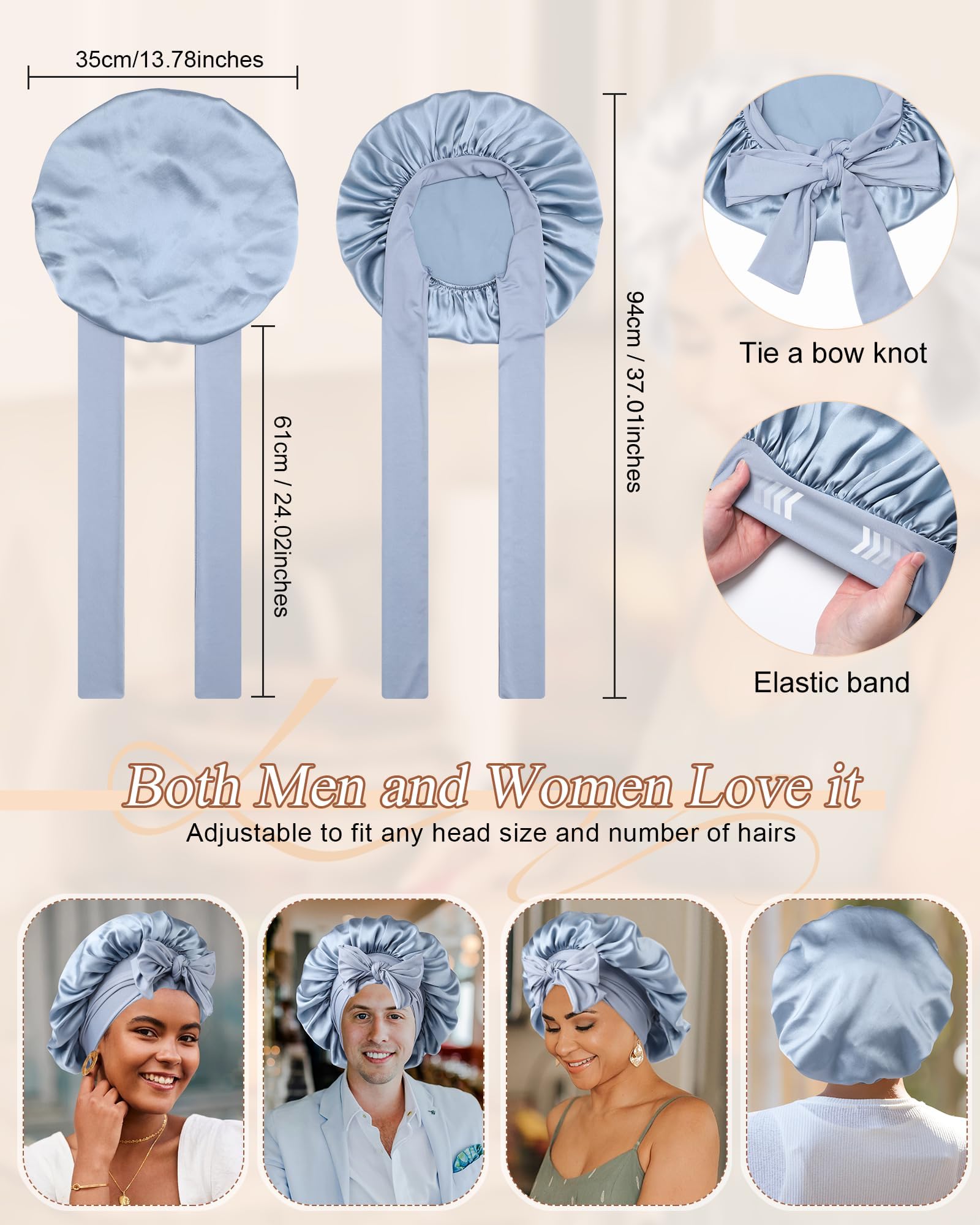 100% Silk Bonnet for Sleeping 19 Momme Pure Mulberry Silk Hair Wrap with Tie Band Stay On Head - Image 3