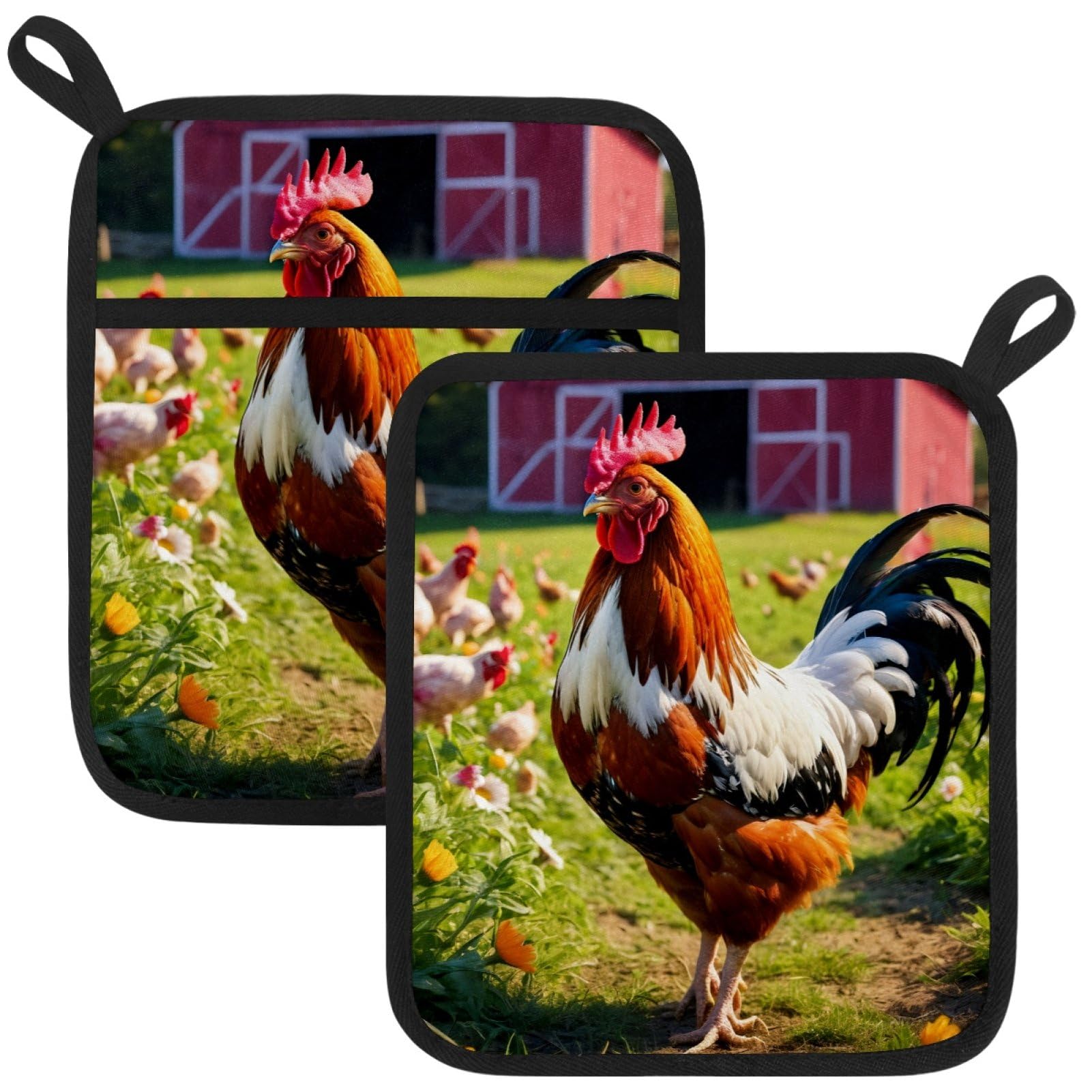 VAPOKF Farmhouse Rooster Heat Resistant Pot Holders, Thick Pot Holders Pad with Hanging Loop for Kitchen, Oven Cloth Pads for Kitchen Baking Microwave Oven
