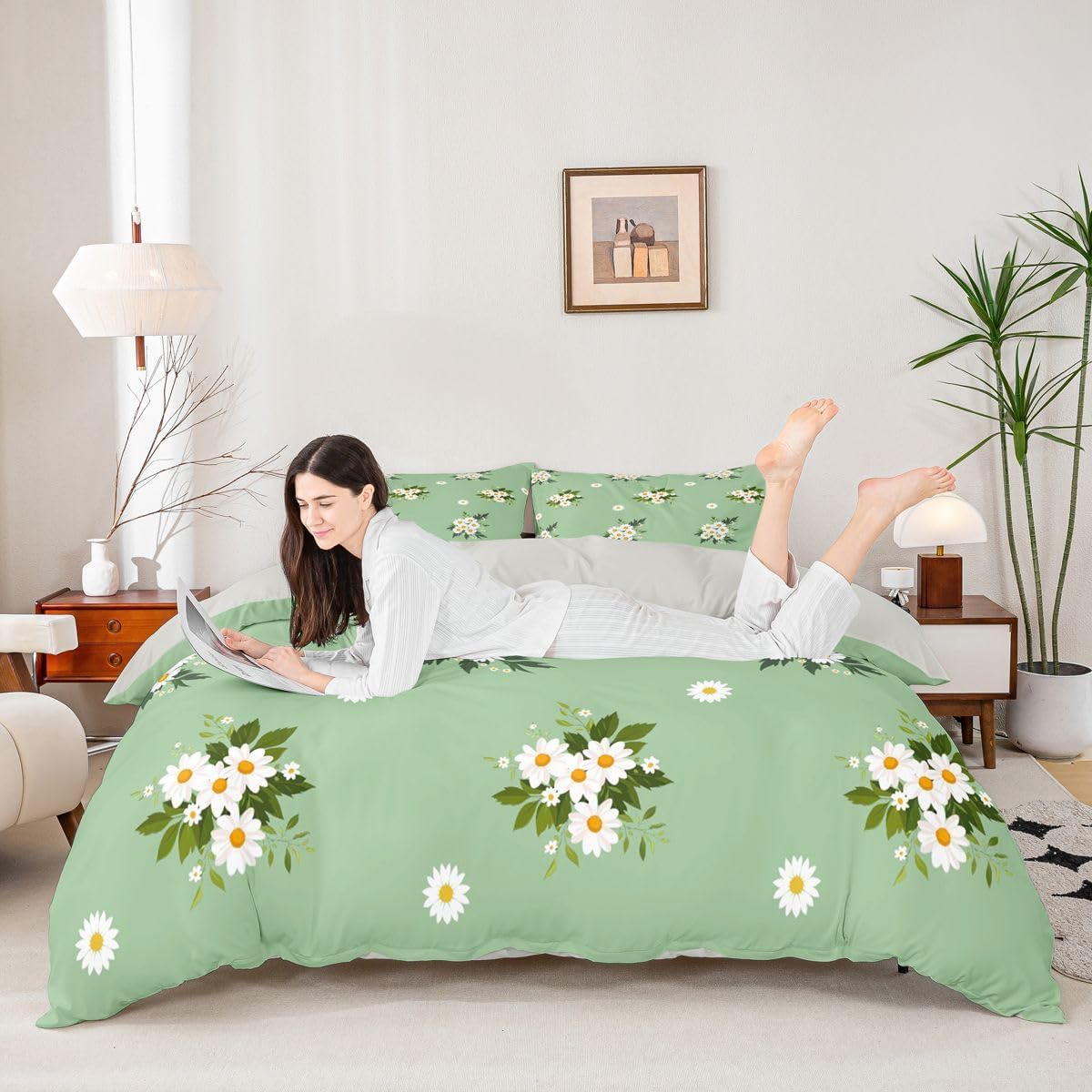 Daisy Duvet Cover Geometric Grids Comforter Cover Green Natural Theme Bedding for Kids Girls Teen Soft Microfiber Reversible Quilt Set Modern Simple Bedspread,1 Duvet Cover with 2 Pillowcases,Queen