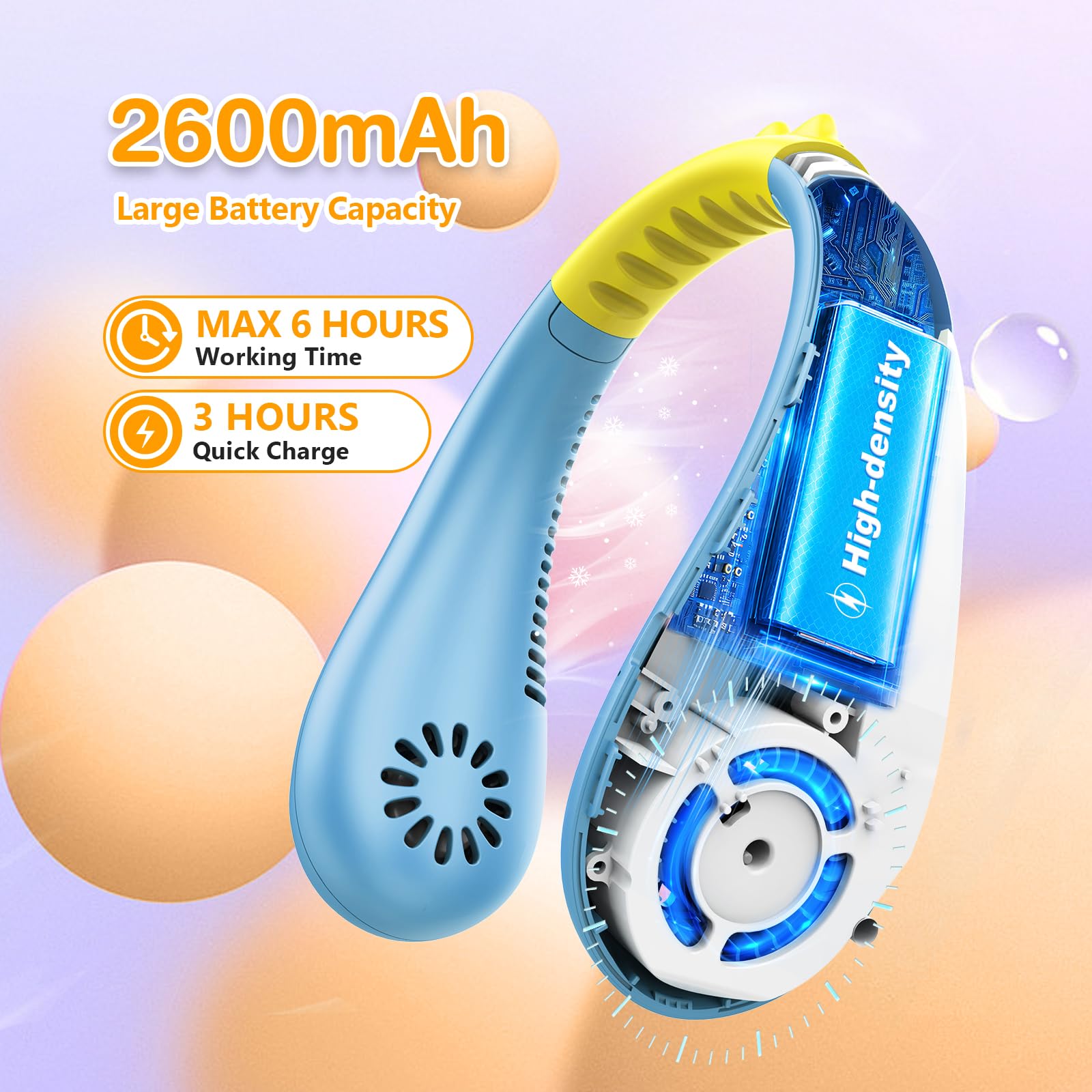 Kkdi Wentylator na szyję dla dzieci, przenośny, bezłopatkowy wentylator dla dzieci w wieku 4–14 lat, dziewcząt i chłopców, 2600 mAh, USB, osobisty mini wentylator chłodzący do podróży, na kemping, do