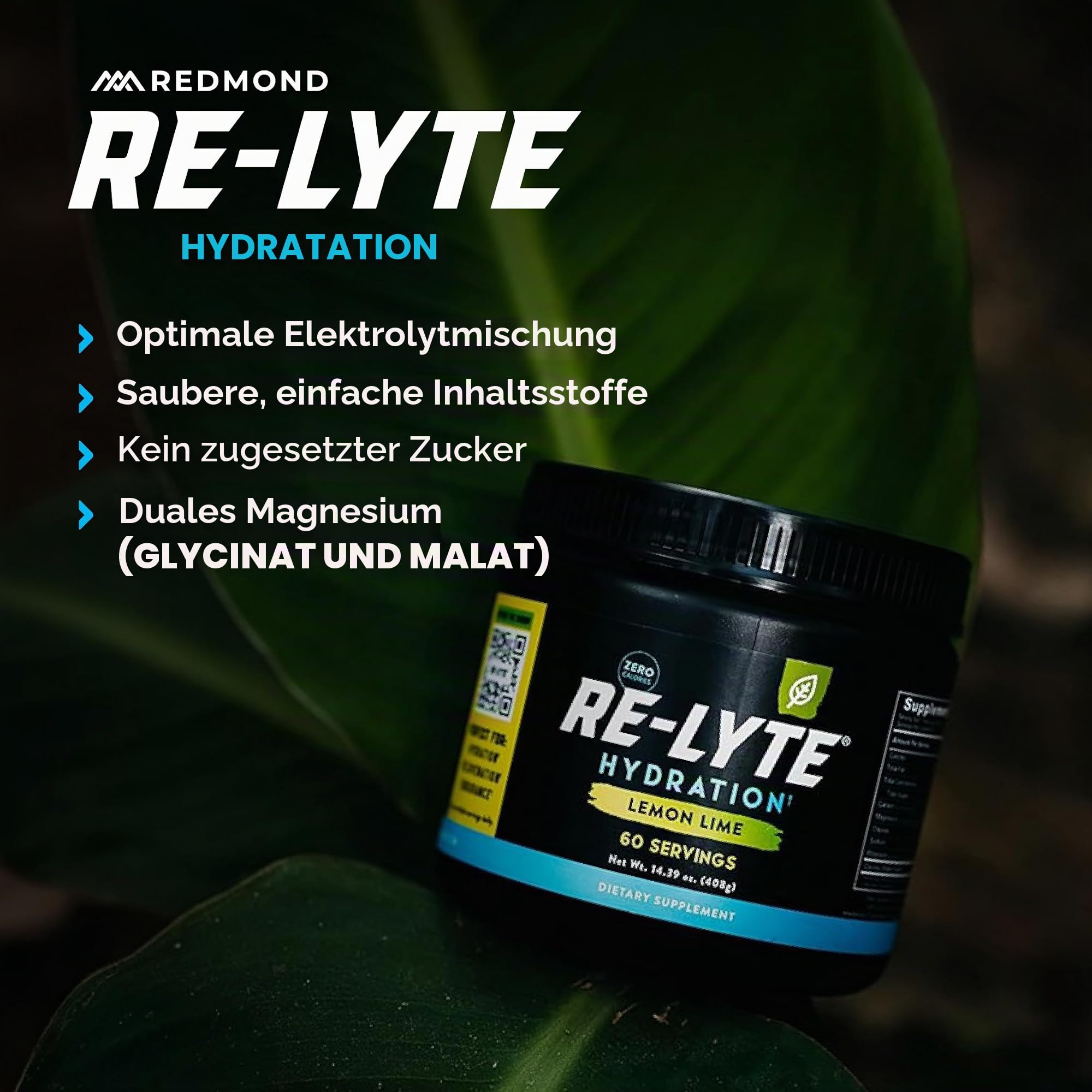 REDMOND Re-Lyte HYDRATION Drink Mix LEMON LIME LARGE, 408g Dose - Elektrolytepulver, zuckerfrei, mit echtem Redmond Real Salt und über 60 wichtigen Mineralstoffen & Spurenelementen