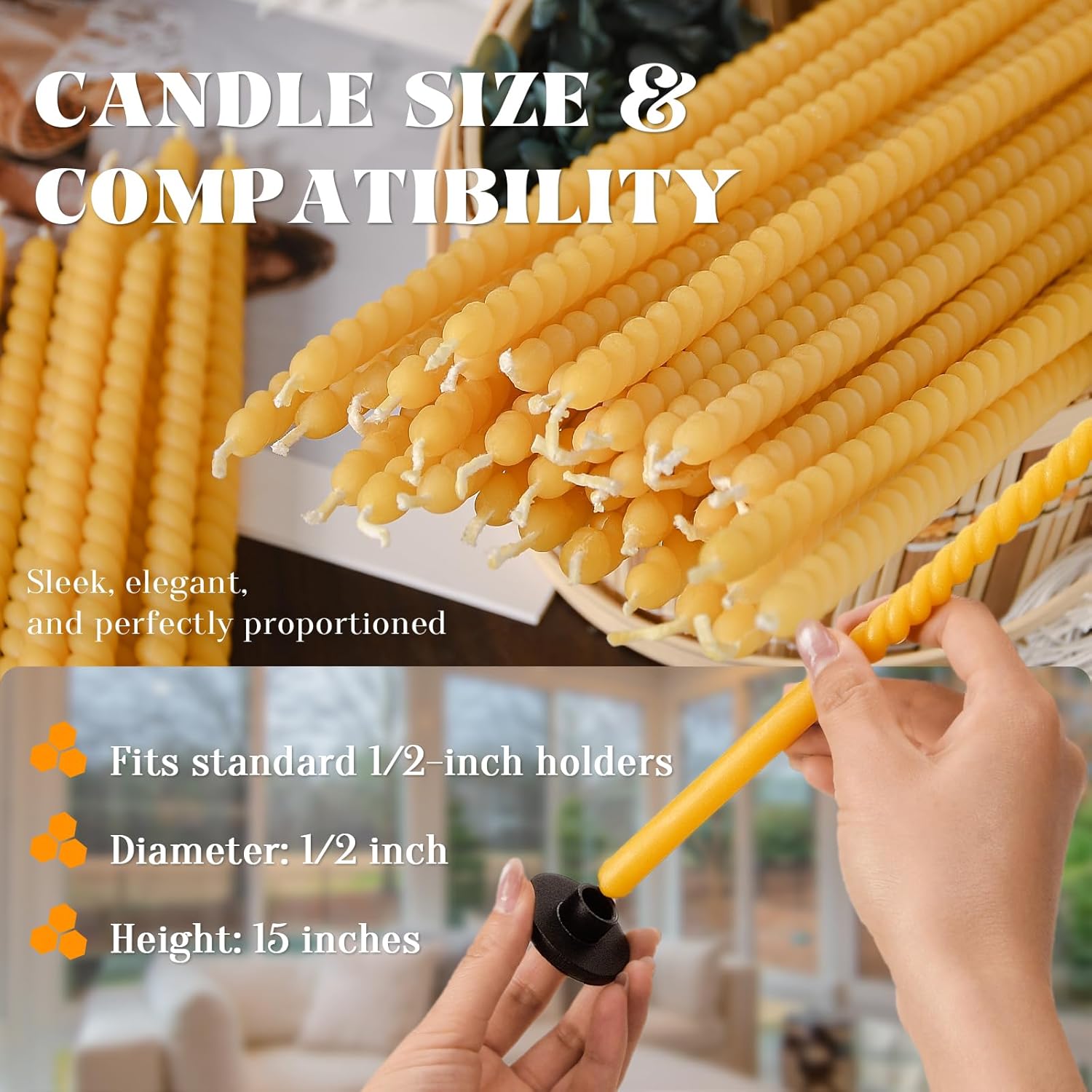 16 Pack 15-Inch Slim Beeswax Taper Candles（ 1/2 Inch ） with 2 Holders - Natural Drippless Spiral Thin Church Candle 0.5 inch Diameter, Yellow