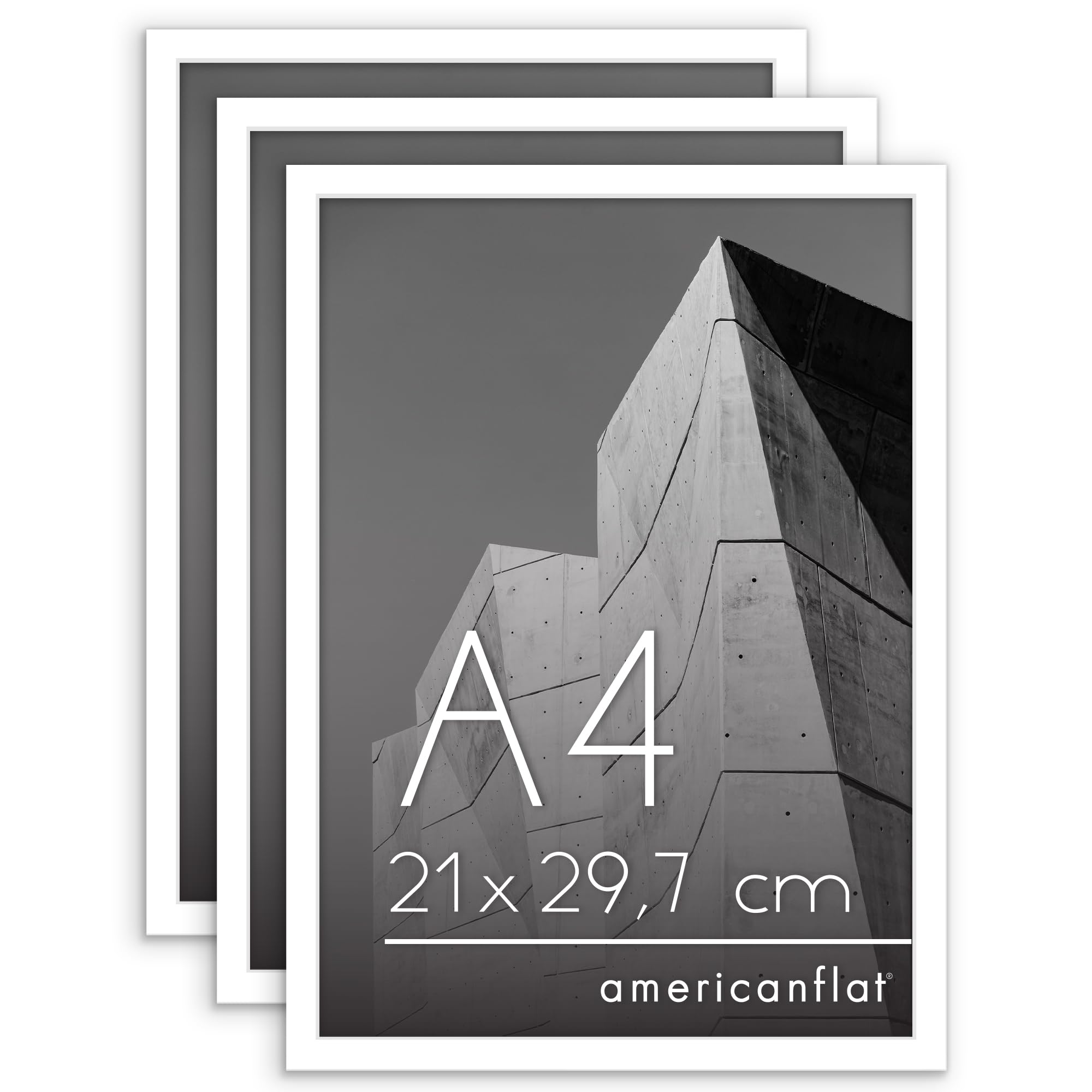 Americanflat białe ramki na zdjęcia A4 – cienkie ramki ze szkłem odpornym na stłuczenie, z elementami do zawieszenia i wbudowaną podpórką do ustawienia pionowo lub poziomo – zestaw 3 sztuk