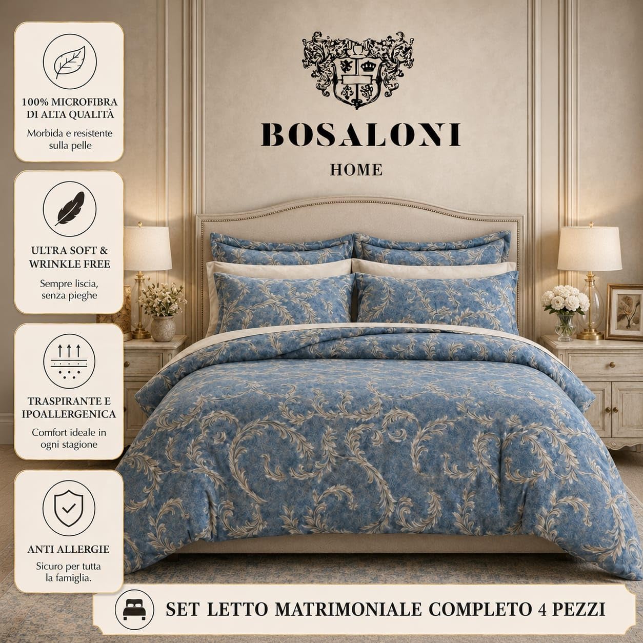 Set Copripiumino Matrimoniale HOME Collezione D’Autore – 4 Pezzi, Copripiumino 220x230 cm, Lenzuolo con Angoli 160x200+35 cm, 2 Federe 50x80 – Microfibra Ultra Soft (Damascato Cielo)
