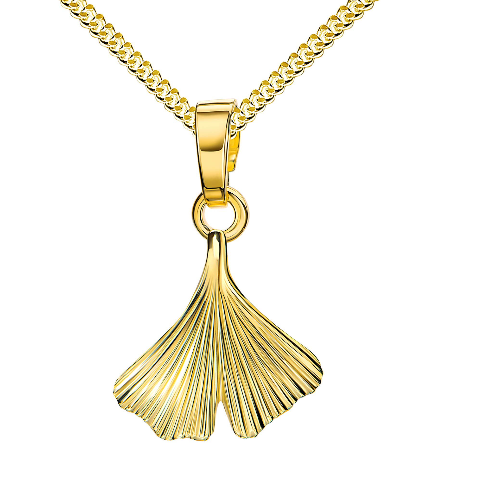 Gold Anhänger 585 Gold 14 Karat 14K mit Ginkgo-Blatt Gold für Damen mit Halskette Länge wählbar.