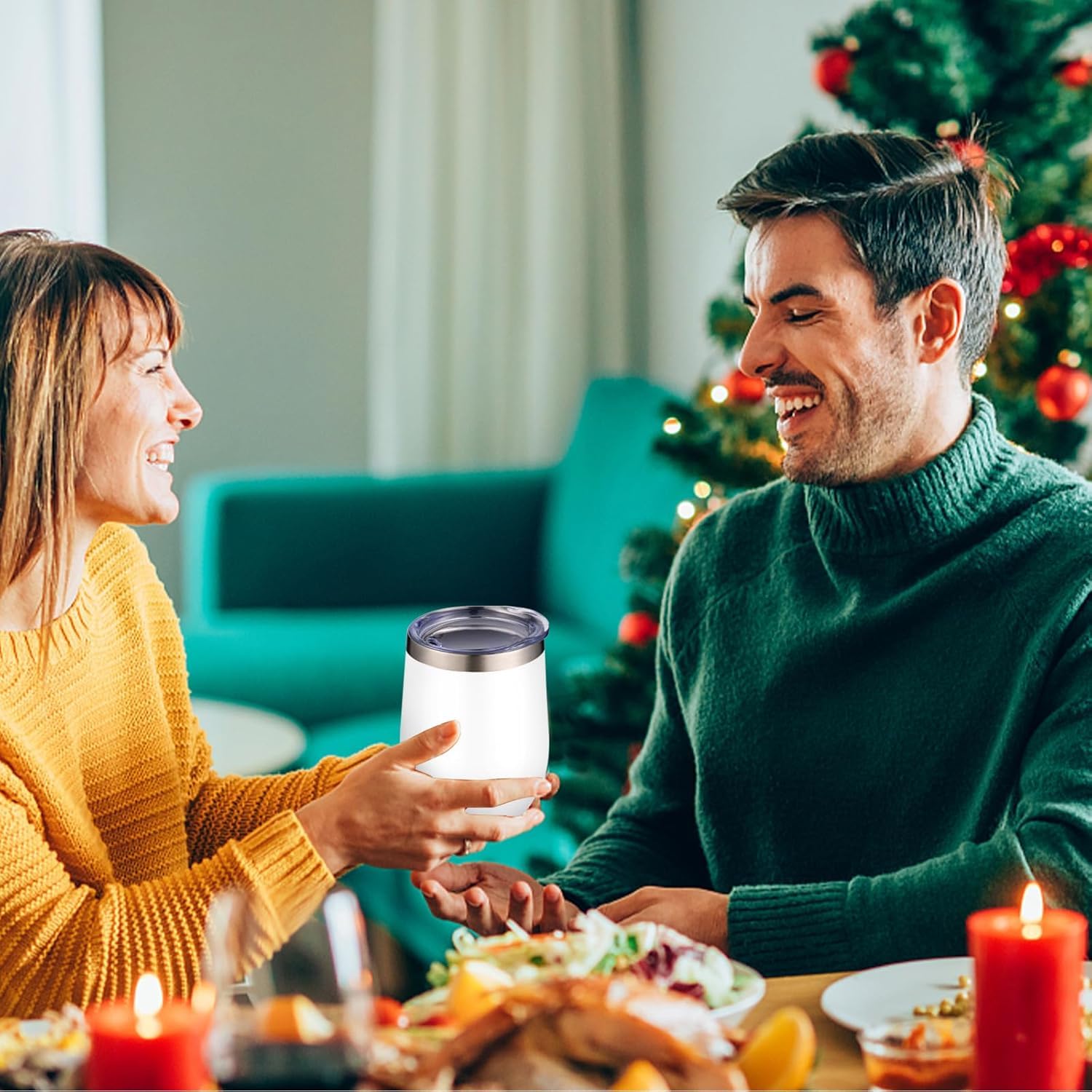 Weingläser mit Deckel, ohne Stiel, doppelwandig, Vakuum-Reisebecher, hält kalt und heiß, für Wein, Kaffee, Cocktails, Weihnachtsgetränke, Familie und Geschenke, 340 ml, 6 Stück (weiß)