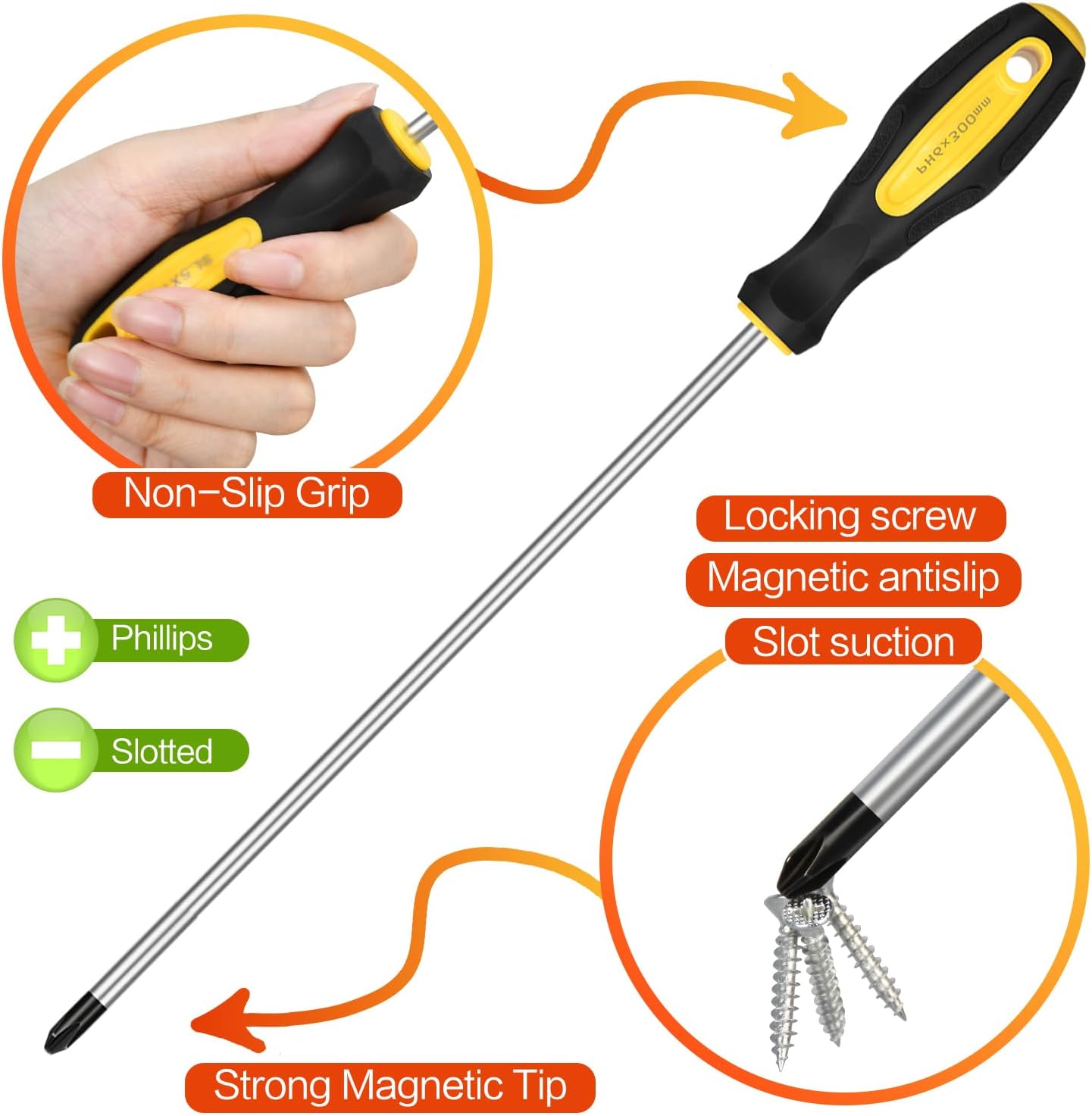 2pcs Long Magnetic Screwdriver Set, 12in Extra Long Phillips and Slotted Screwdriver, with Non-Slip Cushioned Handle Grip