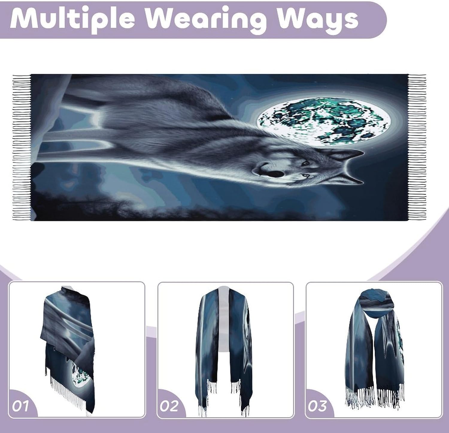 Wolf Under Moon Scarf for Women Men Soft Warm Fashion Blanket Scarves Classic Cashmere Feel Scarf Long Shawl Large Scarves Cold Weather Thick Blanket Scarfs