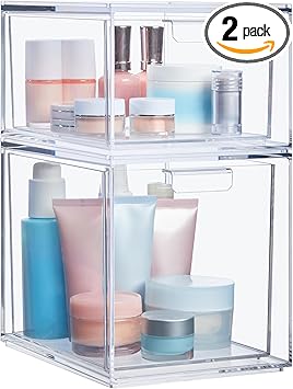 Stackable Clear Bin Plastic Organizer Drawers | 2 Piece Set