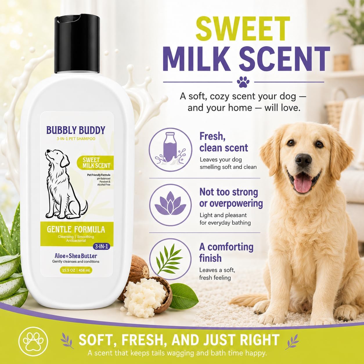 3-in-1 Pet Shampoo for Dogs, Sweet Milk Scent Dog Shampoo and Conditioner with Aloe,Shea Butter,Colloidal Oatmeal,Jojoba Oil & Vitamin E, pH Balanced Cleansing, Smoothing & Antibacterial Care, 15.5 oz image 3