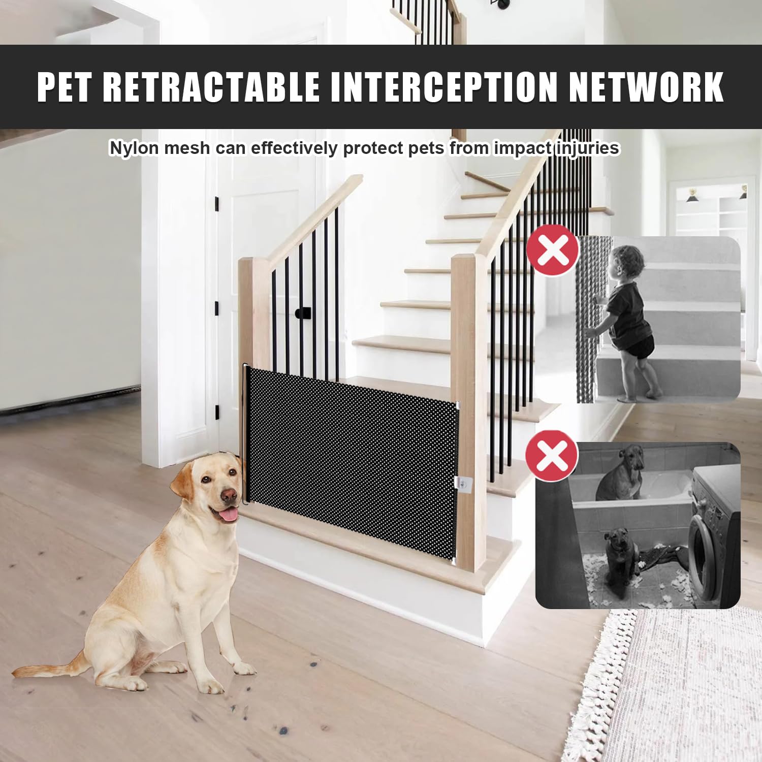 Cancelletto Cani Barriera Cani Cancelletto Scale,Recinto Retrattile per la Sicurezza dei Piccoli Animali Rete anti Infortunio, Altezza 40 CM Lunghezza Retrattile 125 CM, Versione Nera