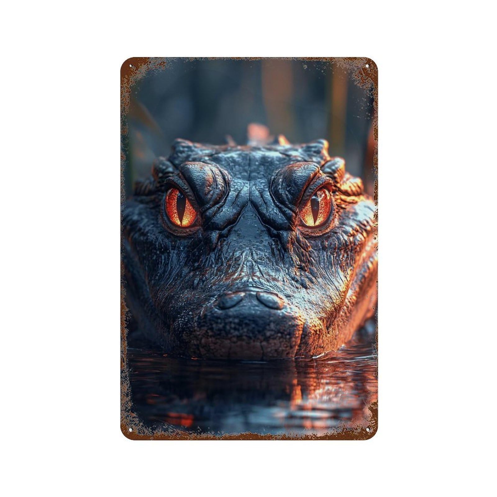 Alligator Close-Up with Glowing Eyes 11.8"x7.9" Distressed Metal Wall Sign, Shabby Chic Decor for Shed, Workshop And Garage Wall Decor