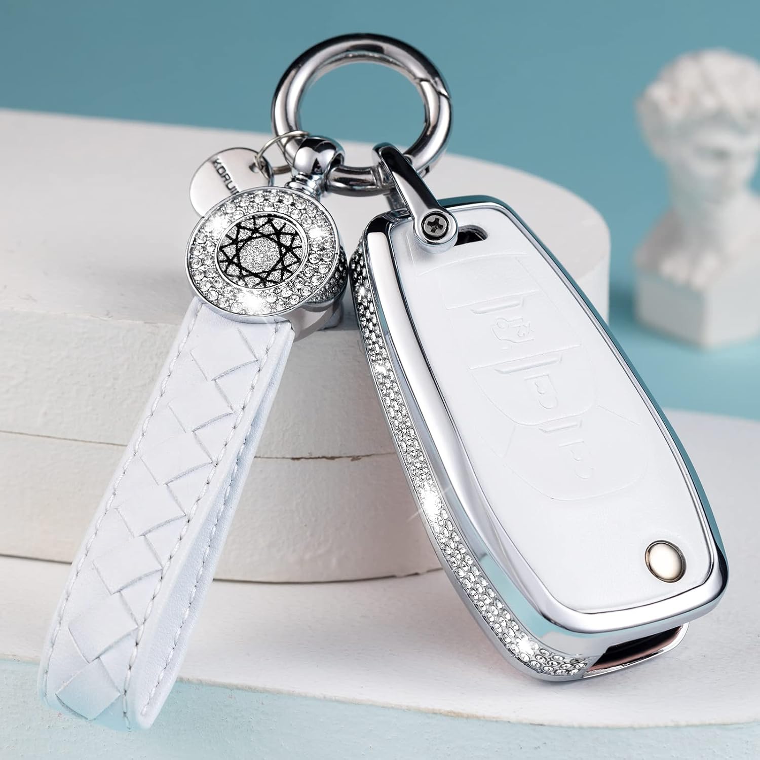 Compatible with Chevy Key Fob Cover with Keychain Genuine Leather Crystal Key Case Protector for Chevrolet (White)
