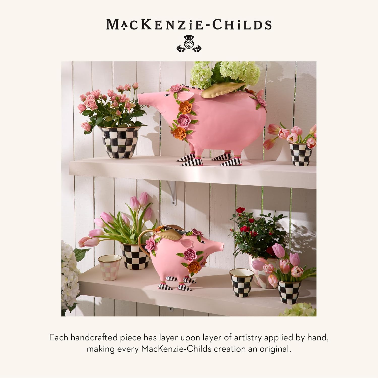 MACKENZIE-CHILDS Patience Brewster Portia Pig Watering Can, Iron Outdoor Watering Can for Plants