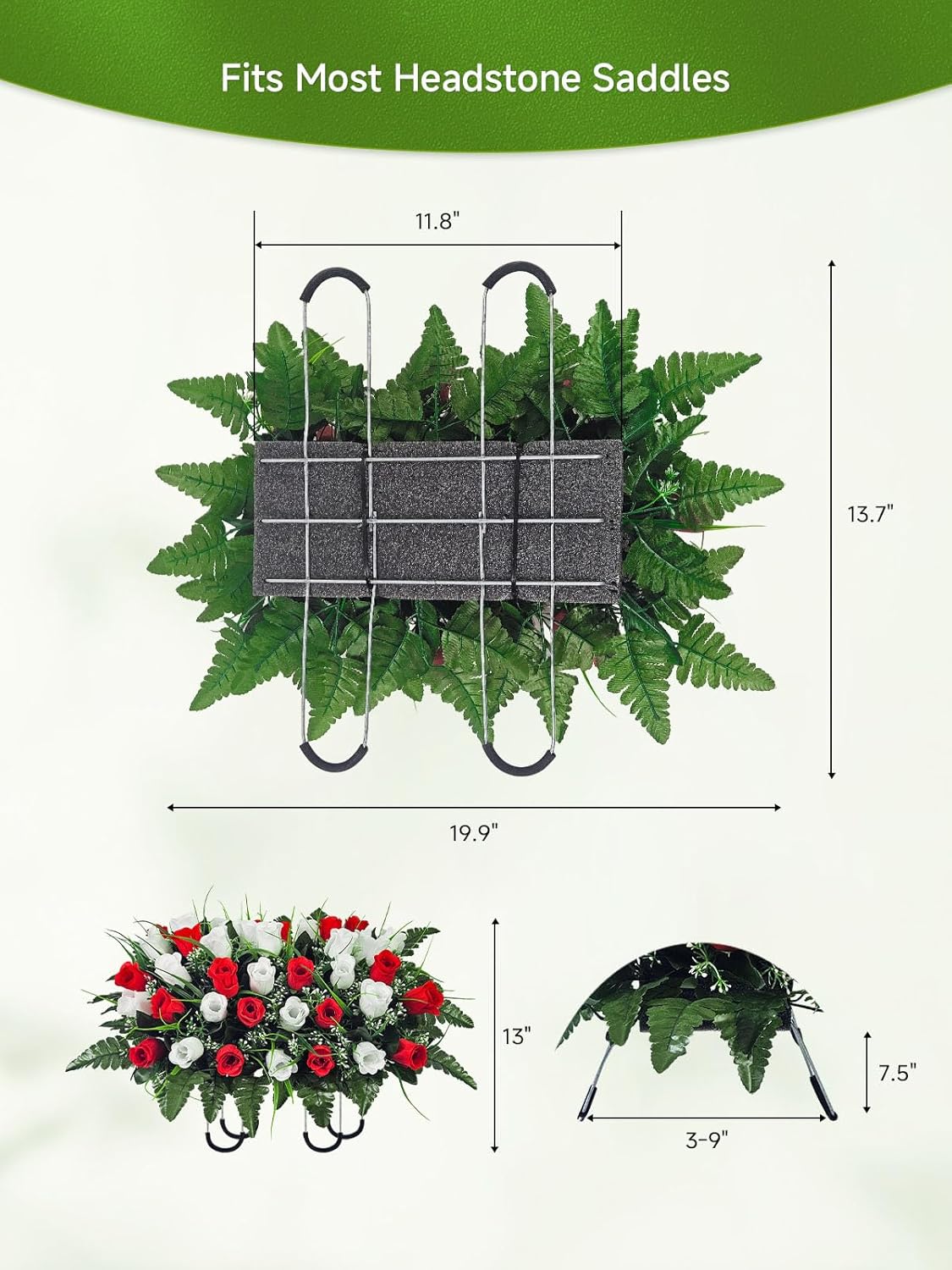 Headstone Flower Saddle, Large 42-Stem Red & White Artificial Cemetery Flowers for Grave, Windproof and Colorfast All-Weather Memorial Decorations for Tombstone with Adjustable Rubber Grip