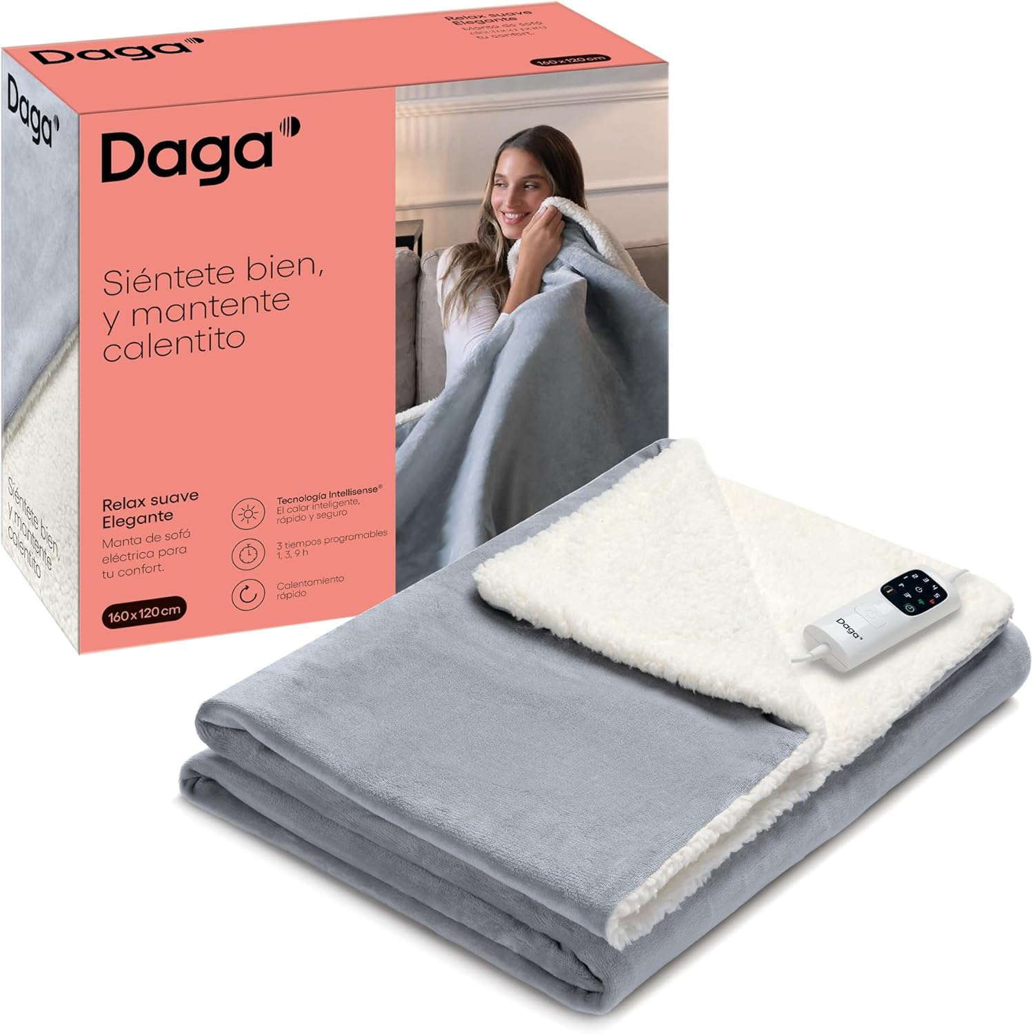DAGA Manta térmica eléctrica de Sofá Relax Suave Elegante, Tecnología de Calefacción Intellisense, con Tejido Efecto Borreguito Suave y Confortable, 160 x 120 cm