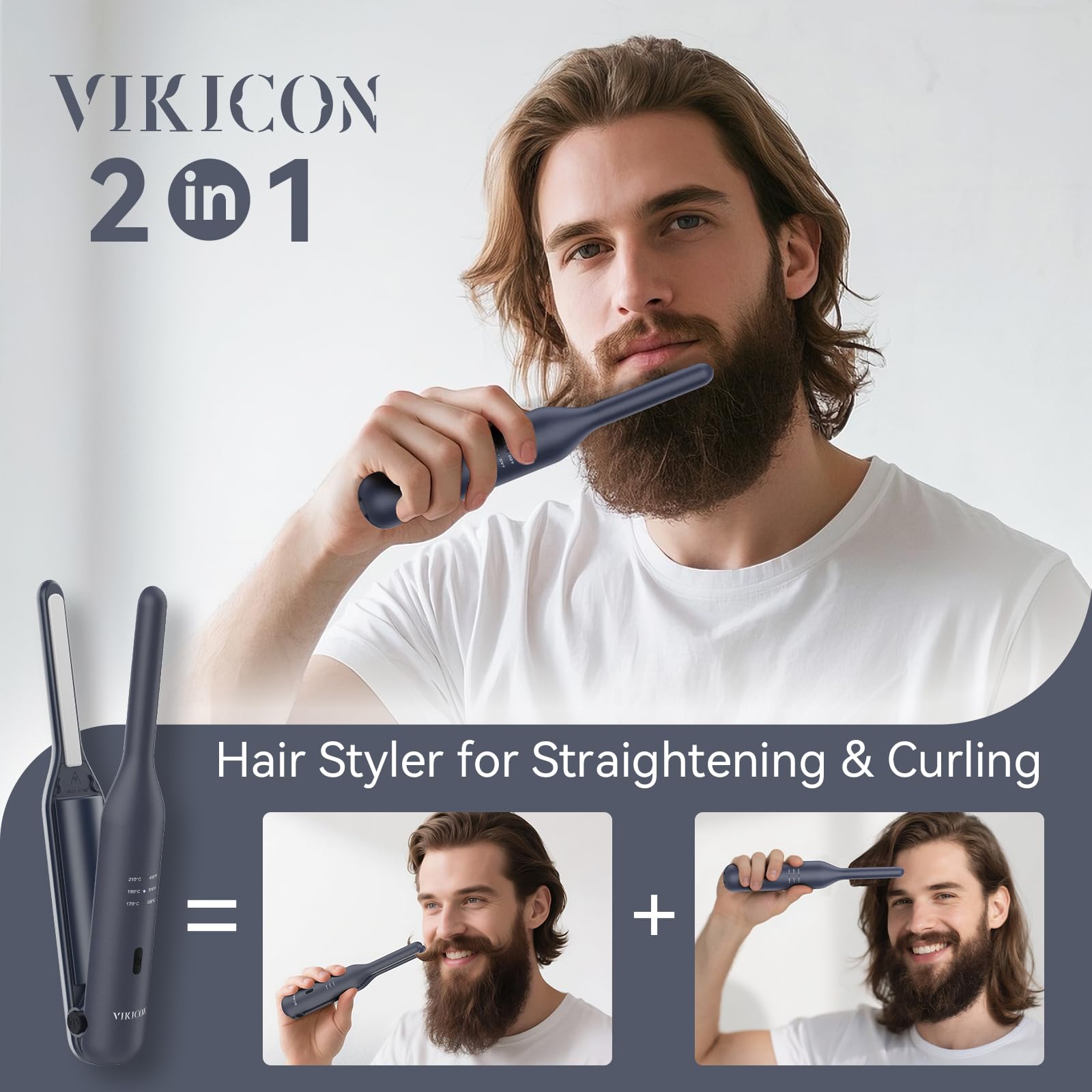 VIKICON Piastra per barba da uomo, mini piastra e arricciacapelli 2 in 1