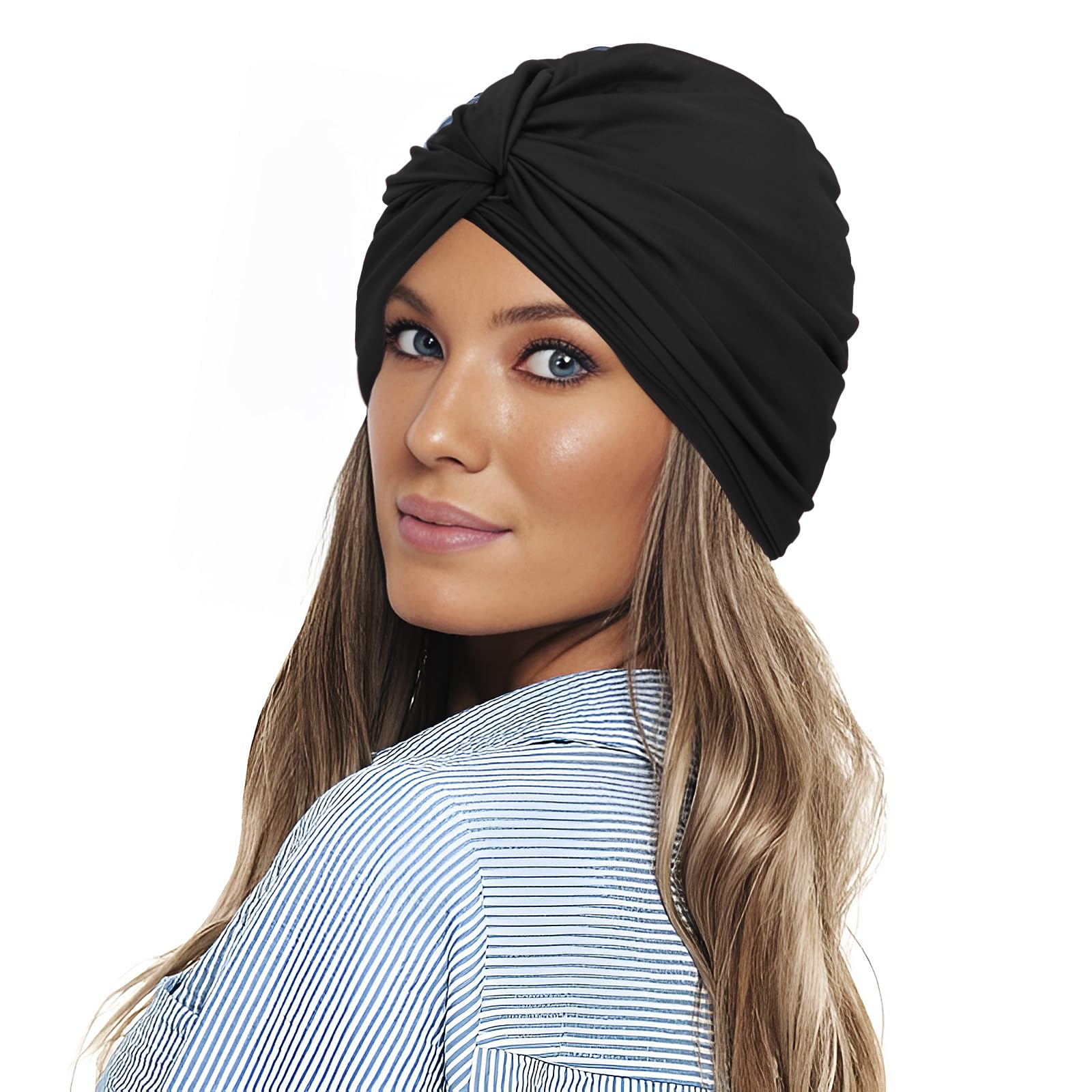 Women Swimming Cap Elastic Cloth Fabric Swim Shower Cap Non-Waterproof Pool Beach Surfing Bathing Beanie Hat Knotted Turban Chemo Night Sleep Hat Headwear Head Wrap for Long Short Hair Ears Protection