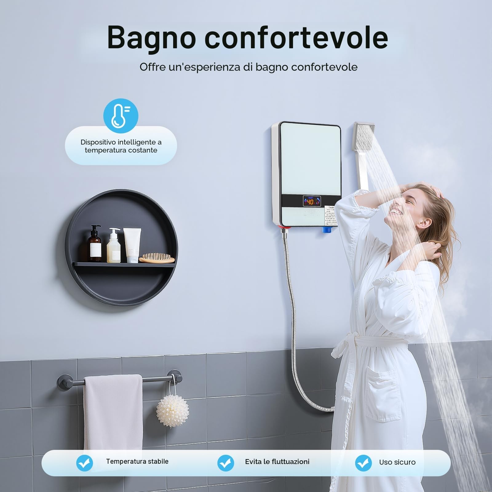 Scaldabagno Elettrico Istantaneo, Scaldabagno Istantaneo per Doccia del Bagno con Touchscreen LED, Mini Scaldacqua Istantaneo con Set Doccia per Cucina, Bagno