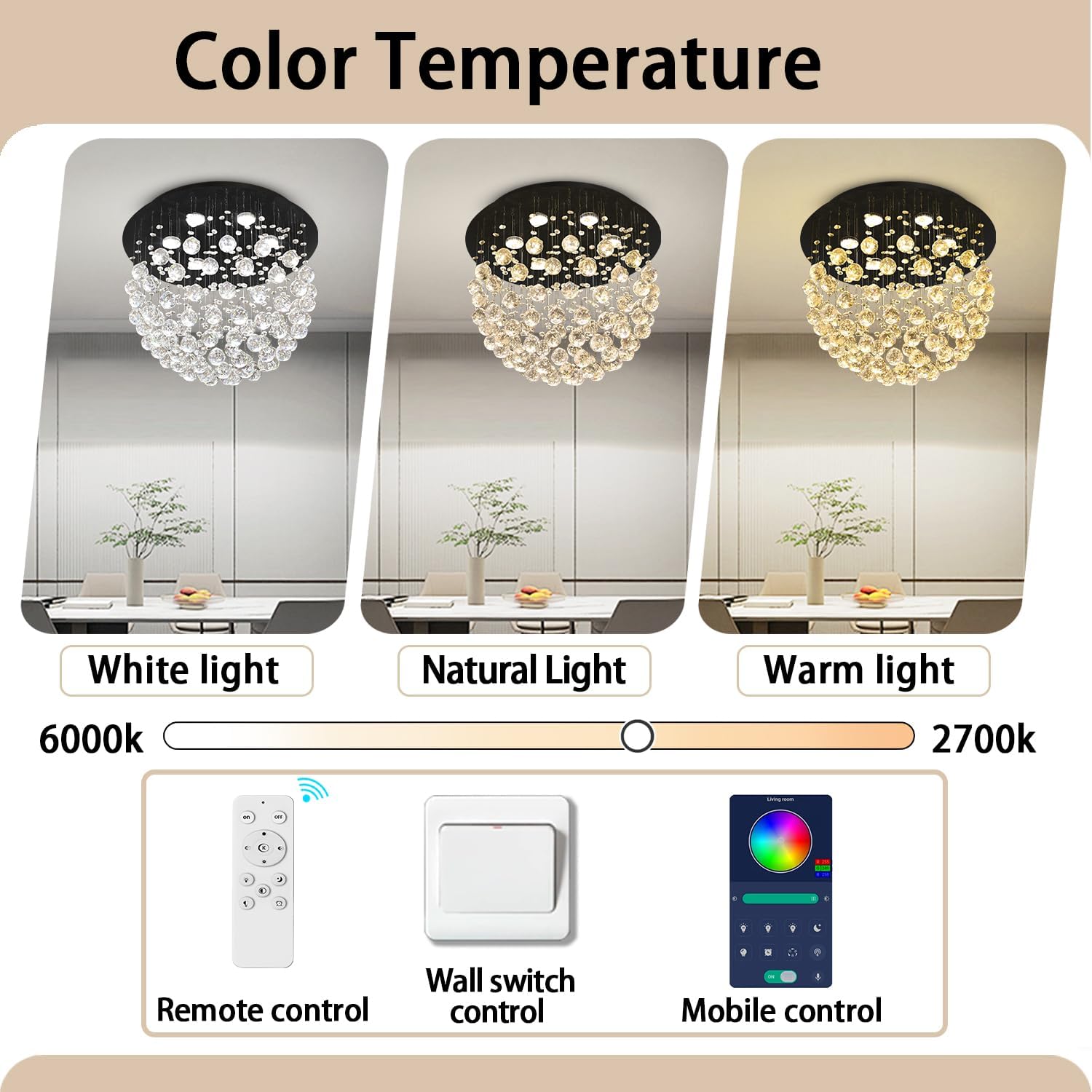 6-Light 20-Inch Black K9 Crystal Flush Mount Chandelier, Modern Ceiling Light Fixture for Bedroom Dining Room Living Room
