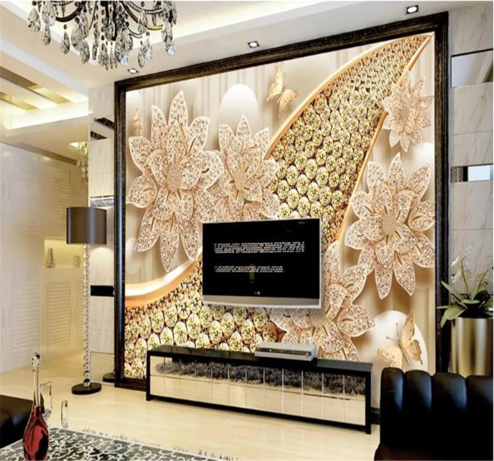 Tzxztt Luxury Three Dimensional Gold Jewellery Flowers Modern 3D Wallpaper Premium Textured Silk Neutral Tones Material Ideal for Living Room Bedroom-300cm×210cm