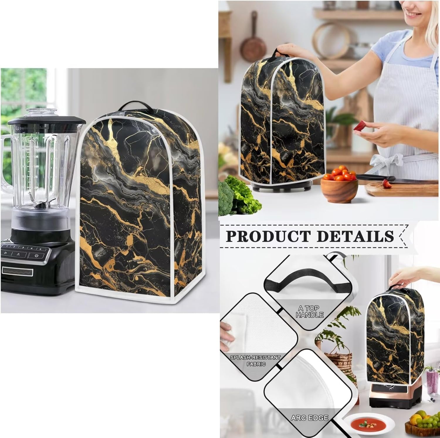 Black Marble Kitchen Appliance Set, Universal Size Blender, Slow Cooker & Toaster (4 Slice) Covers, Waffles Maker Oven Dust Cover for Women, Christmas Festival Decorations