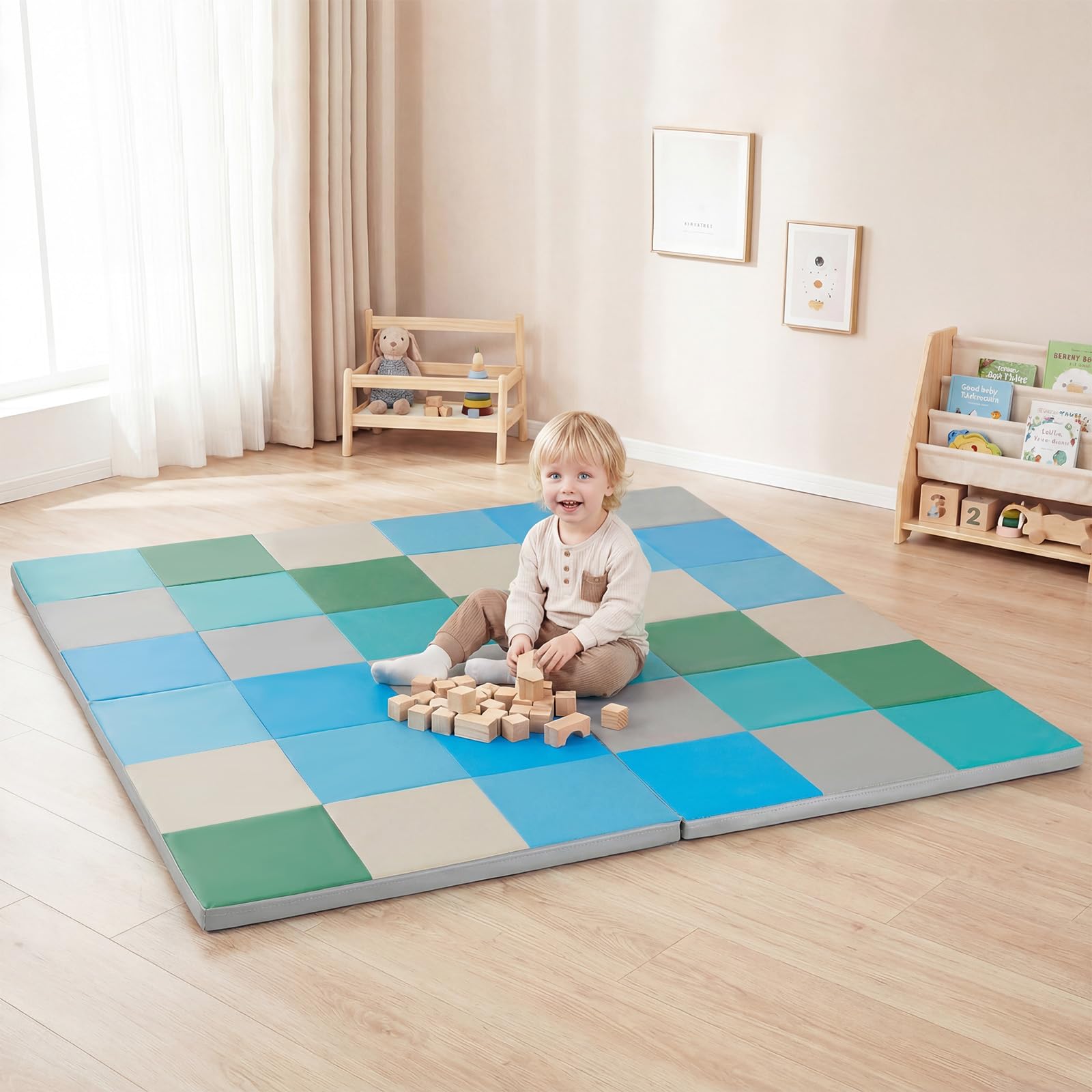 RELAX4LIFE Tappeto Gioco Bambini per Gattonare a 2 Pezzi, Tappeto per Neonati da Terra Pieghevole con Base Antiscivolo e Cerniera, Tappetino Imbottito in Finta Pelle per Bambini Primi Passi (Blu)
