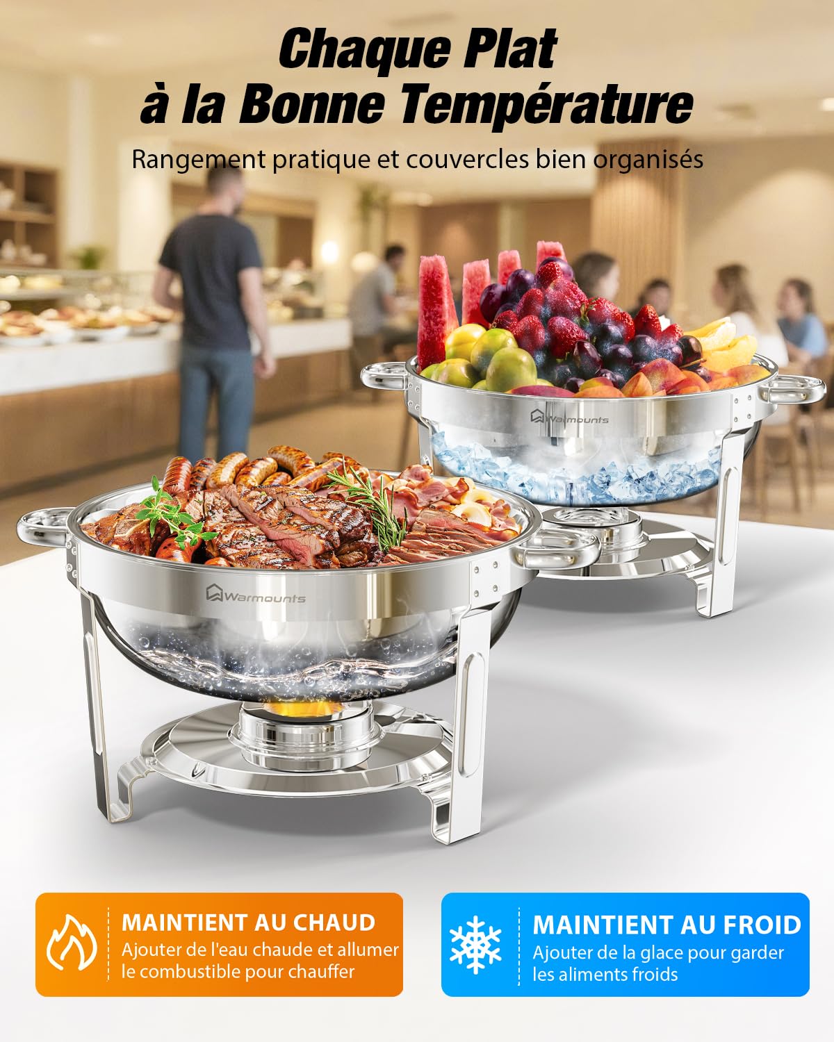 WARMOUNTS Lot de 4 Chafing Dish 5 L, Ronds Réchaud à Buffet avec Couvercle en Verre, Buffets Chauffants en Acier Inoxydable Idéal pour Fêtes, Événements, Mariages, Dîners, Noël et Camping