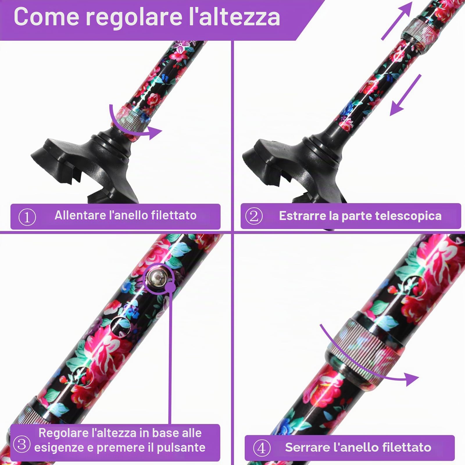 BeGrit Bastone per Anziani Telescopico Bastoni da Passeggio Donna Bastone Tre Piedi per Anziani Regolabile Bacchette per Camminare Autoportante Bastoncini da Passeggio 3 Piedi Regalo per Uomo Anziano