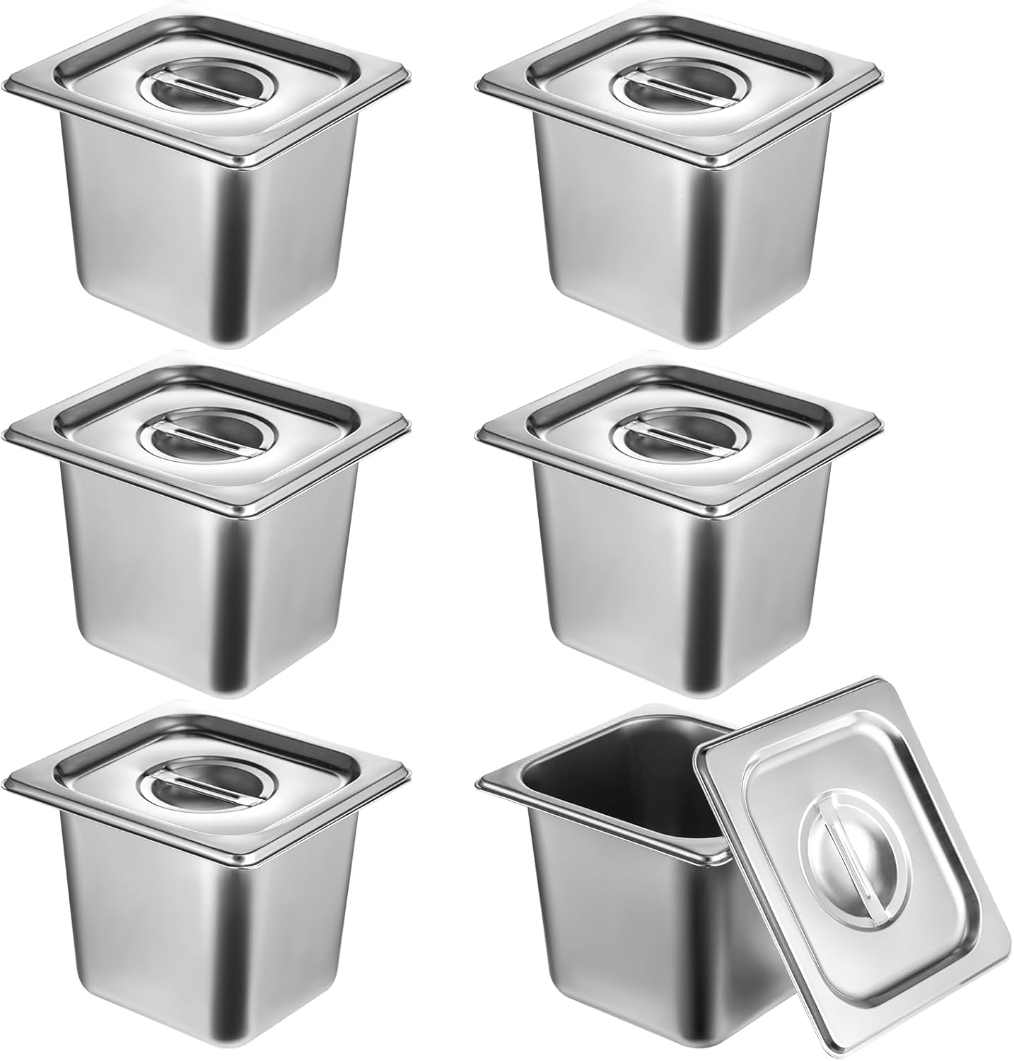 6 Pack Stainless Steel Hotel Pans with Lid 1/6 Size x 6" Deep Steam Table PAN 0.8 mm Thick Commercial Food Storage Containers Anti Jam Pan Stainless Steel Steamer Pan for Hotel Restaurant Buffet