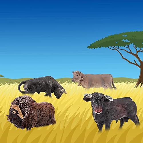 Miniatura 7 de LC JoyCre Figuras de vacas de juguete de toros, 4 piezas, figuras realistas de vaca suiza, juguetes para niños pequeños, toro africano, almizcle,